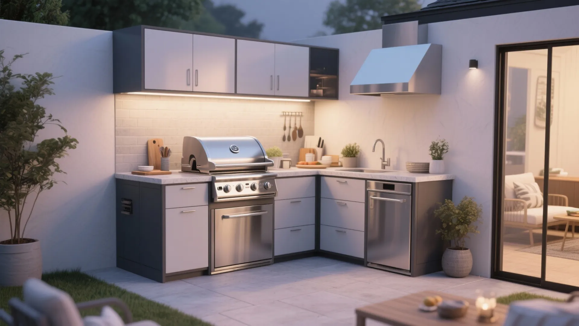 Compact modular stainless steel outdoor kitchen on a small patio
