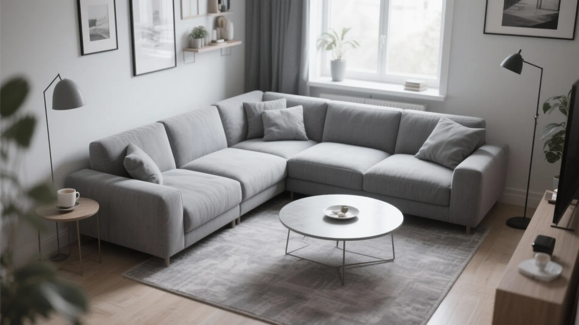 Compact grey sofa with round white coffee table grey rug wooden floor and black lamp