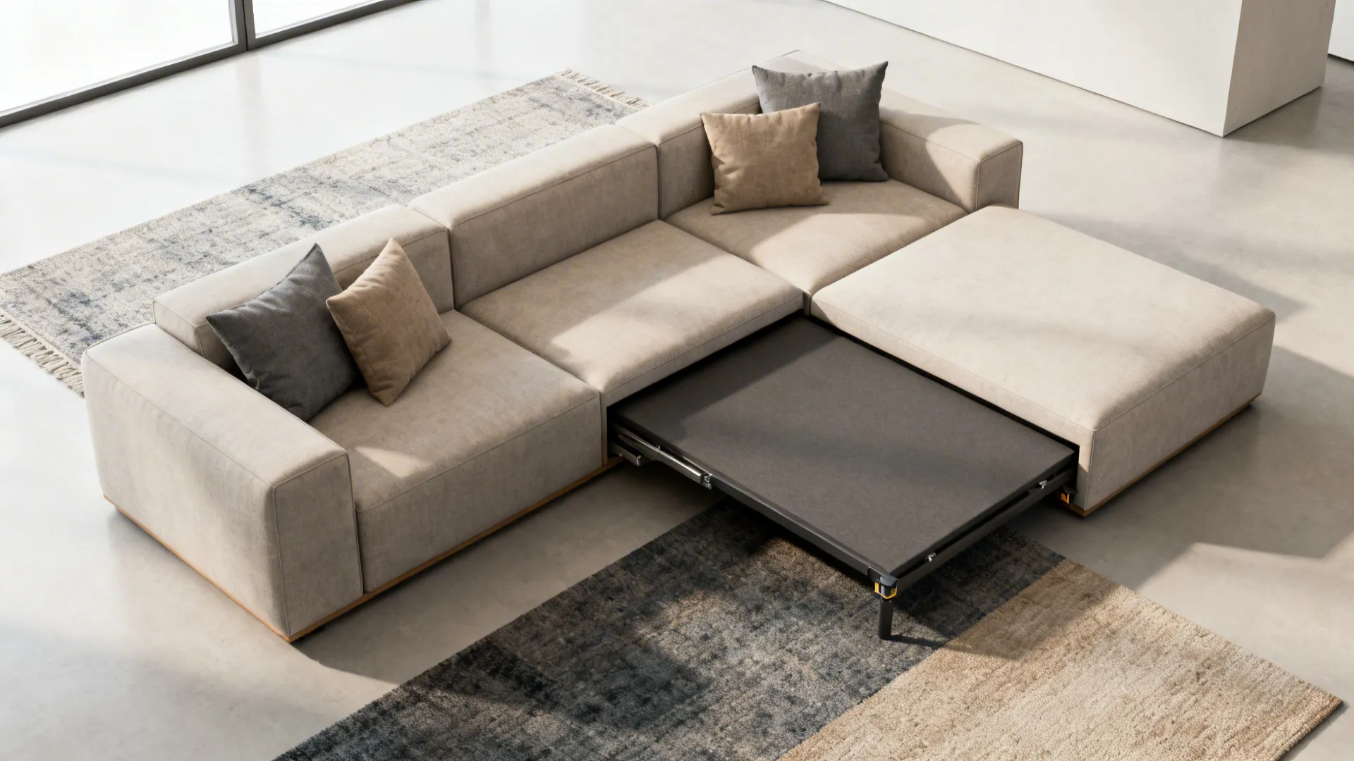 Top-down view of a compact modular sectional with a pull-out sleeper module and clear circulation paths.
