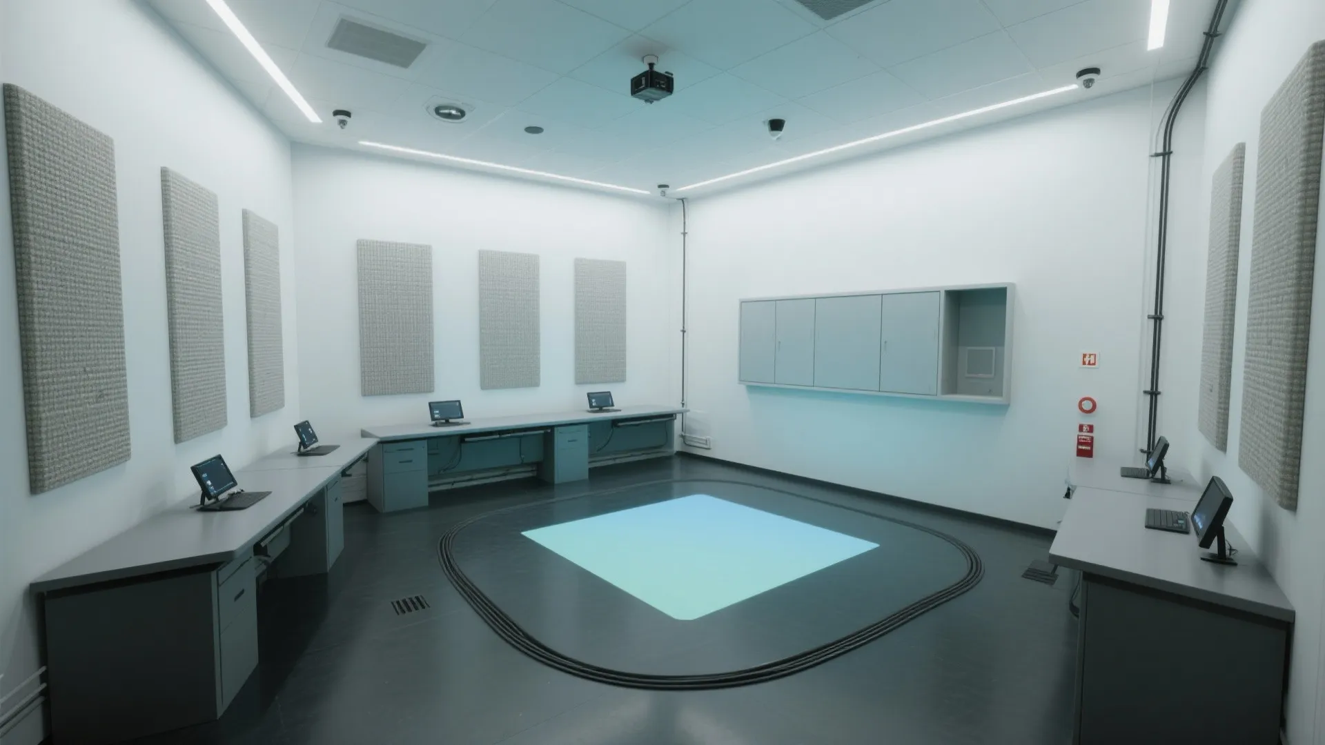 Modern white tech room with several computer desks grey wall panels and glowing floor light