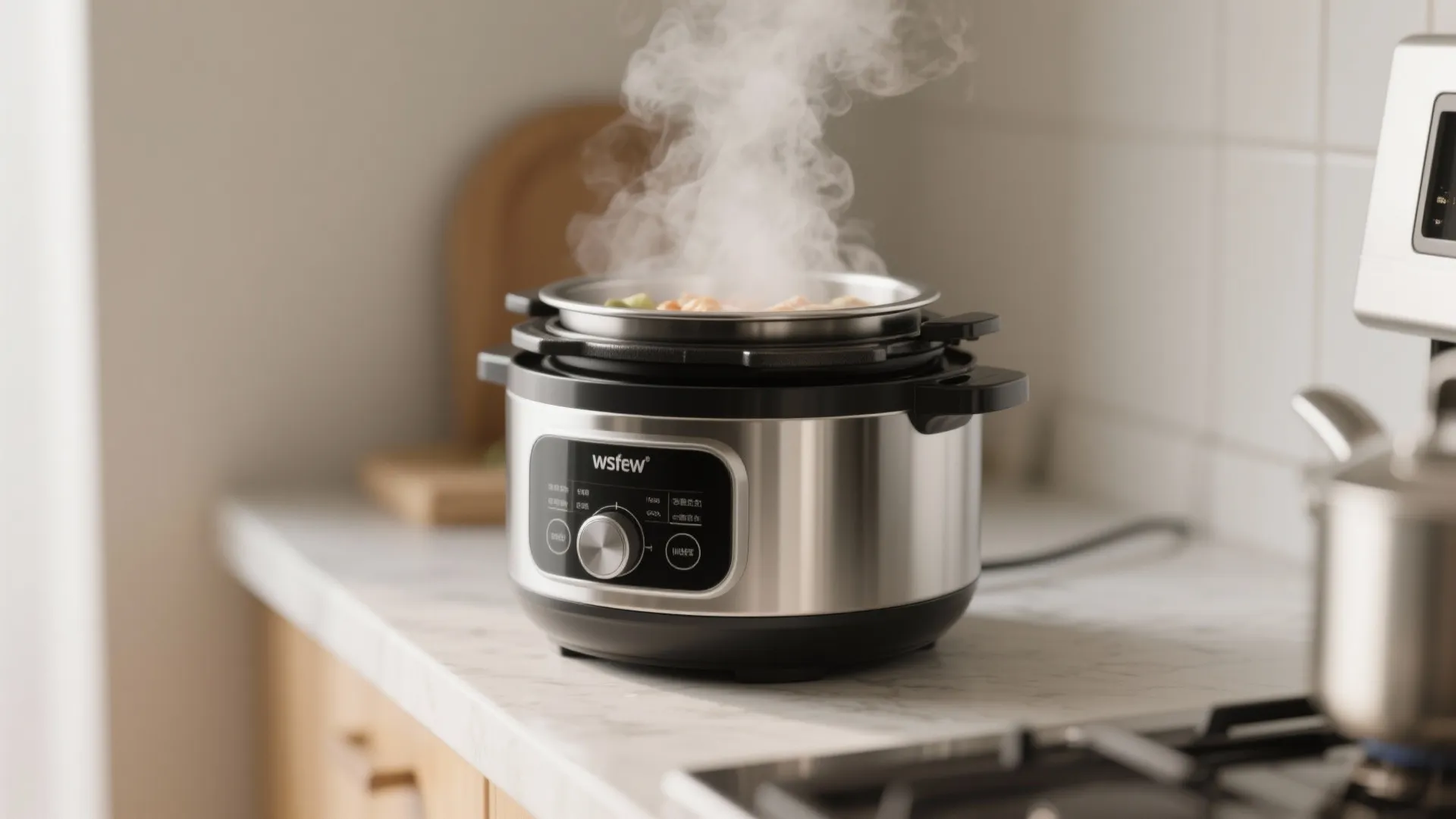 Silver electric pressure cooker releasing steam on a marble kitchen counter near a white surface