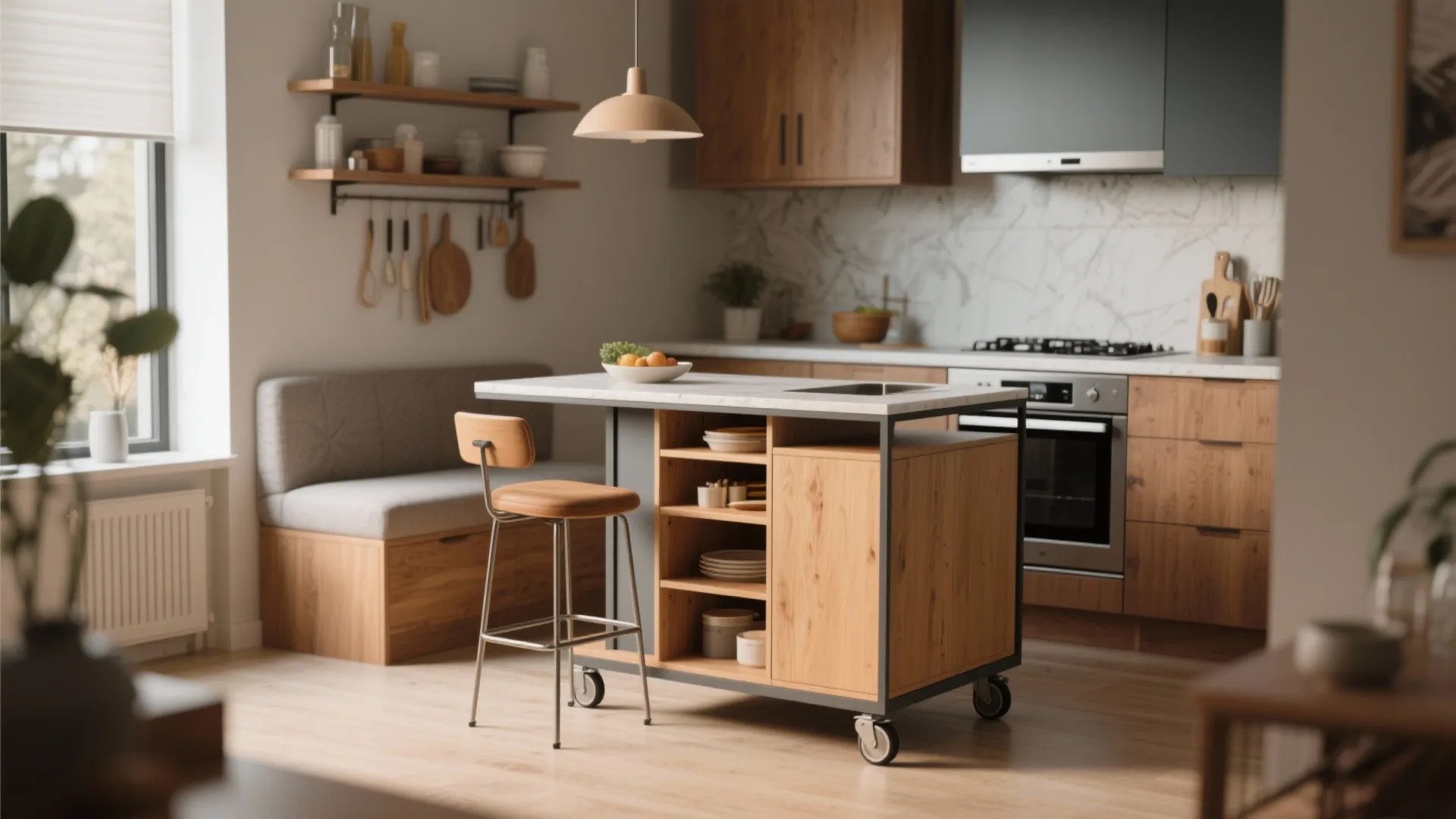 Small wooden kitchen island with wheels marble top tall chair and warm hanging ceiling light