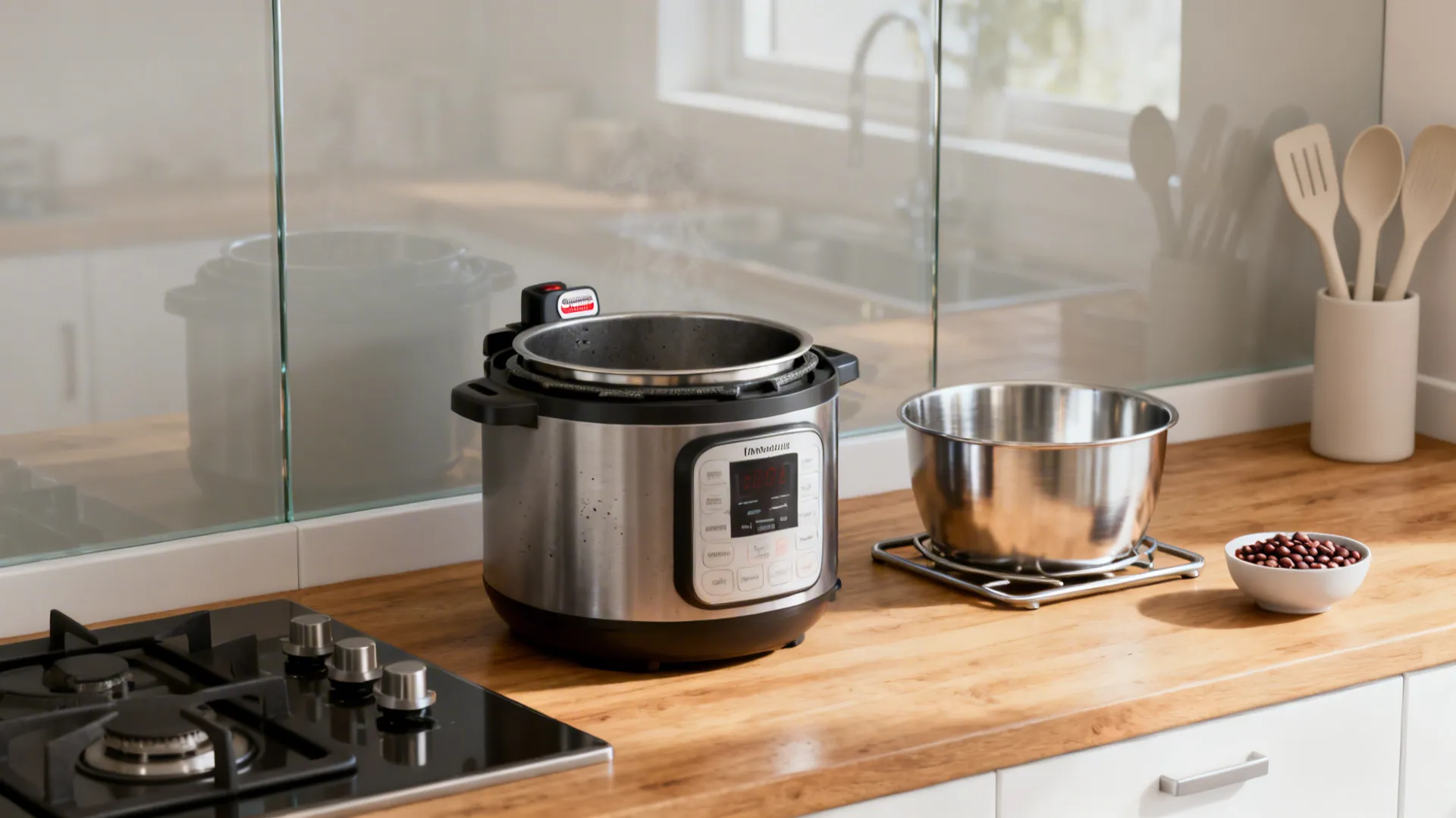 Compact multi‑cooker on a small kitchen counter with glass backsplash and warm wood tones.