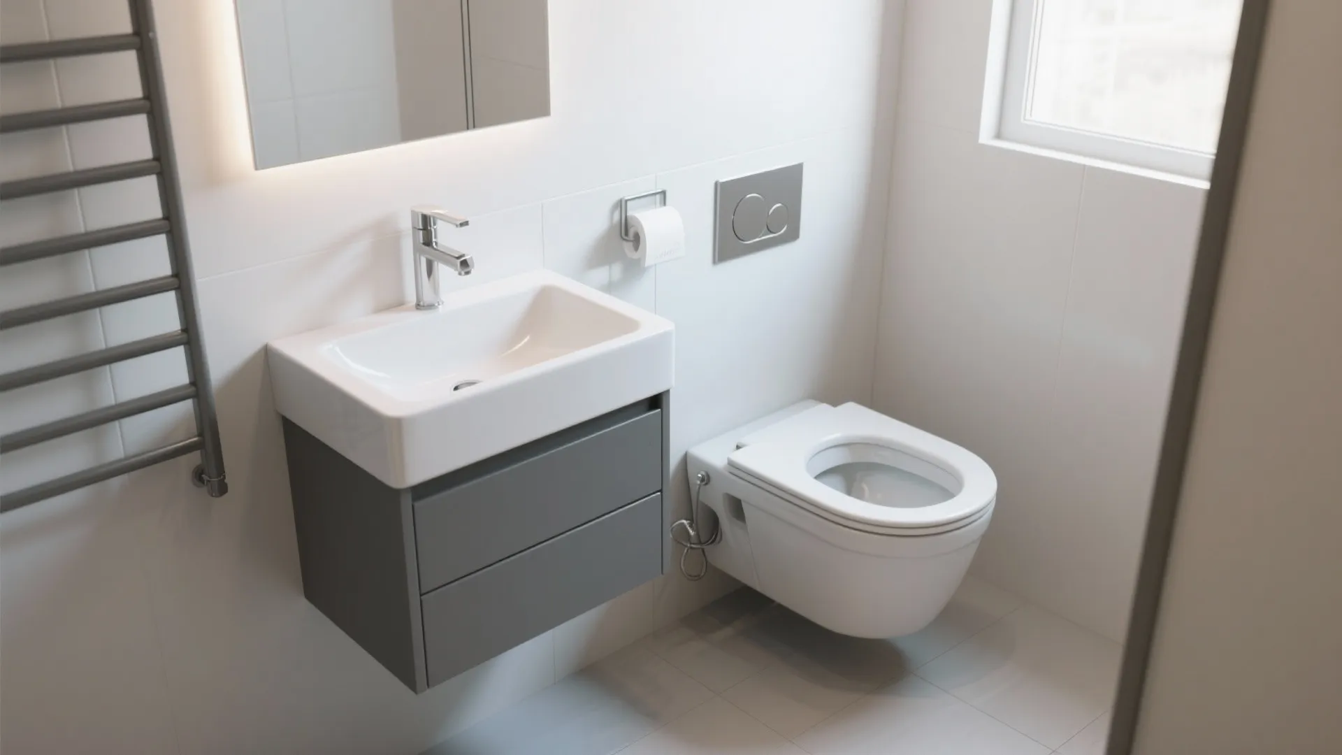 Small bathroom with versatile wall-mounted sink and compact toilet