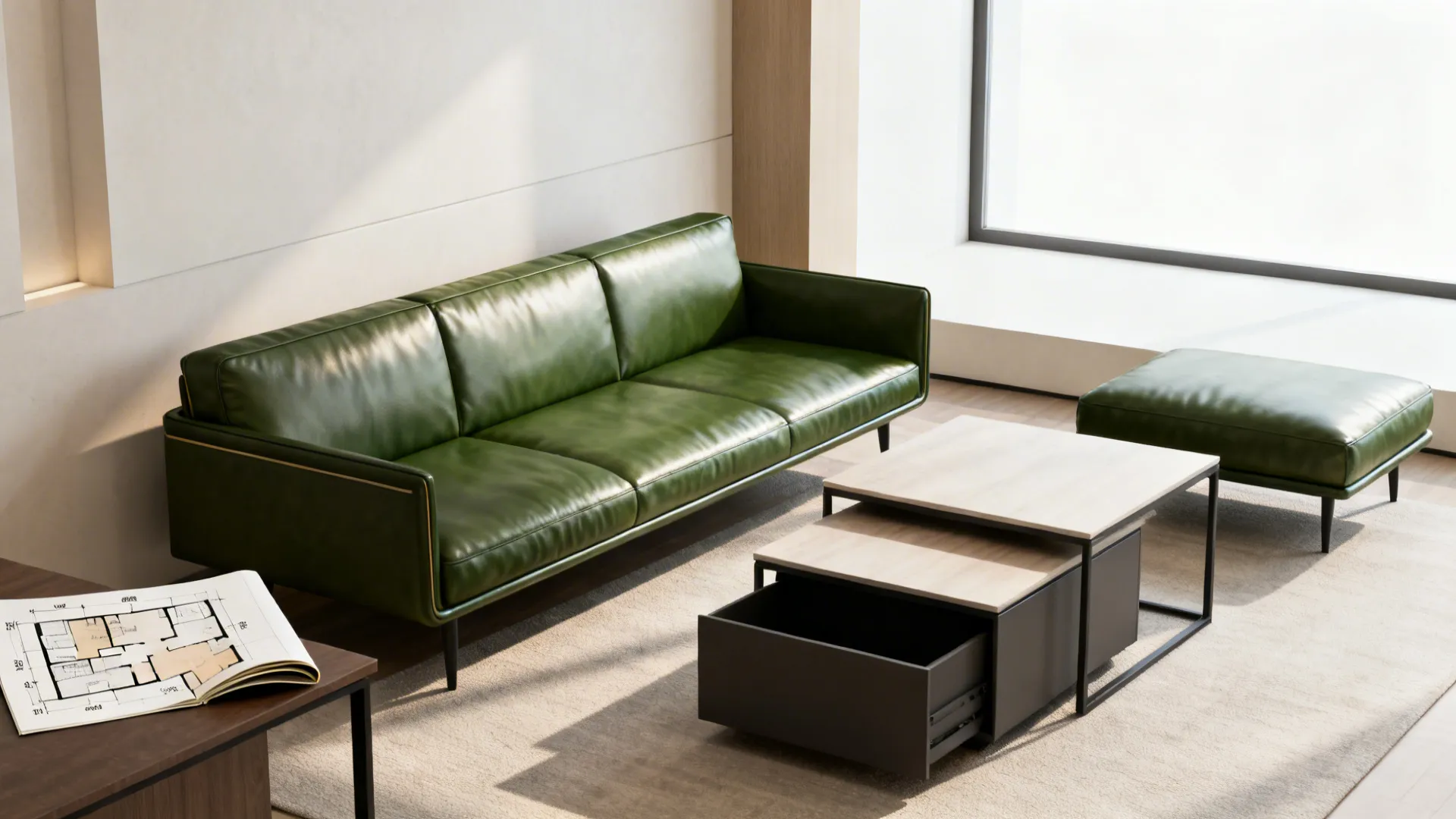 Modern living room featuring green leather sofa wooden coffee table footrest and house floor plan drawing