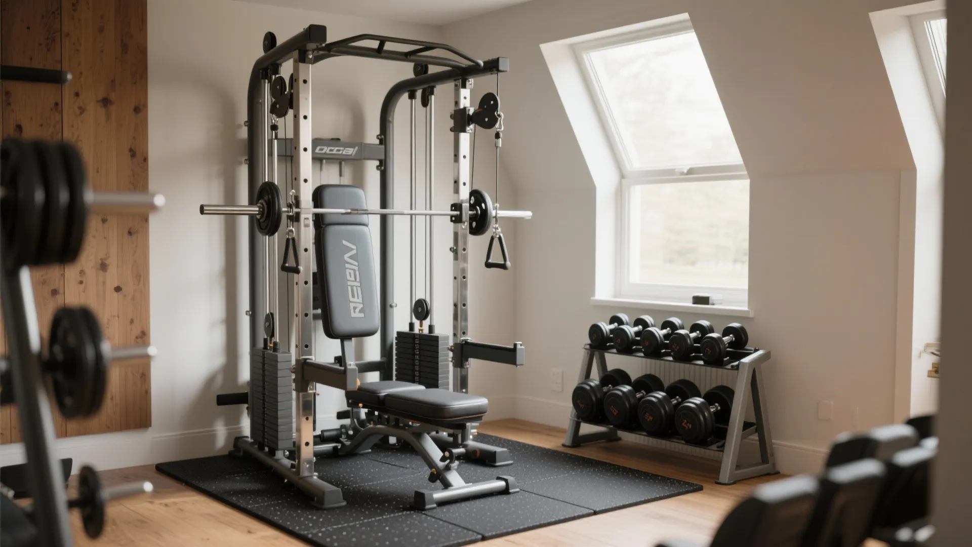 Modern home gym with weight lifting machine dumbbells rack wood flooring and large roof window