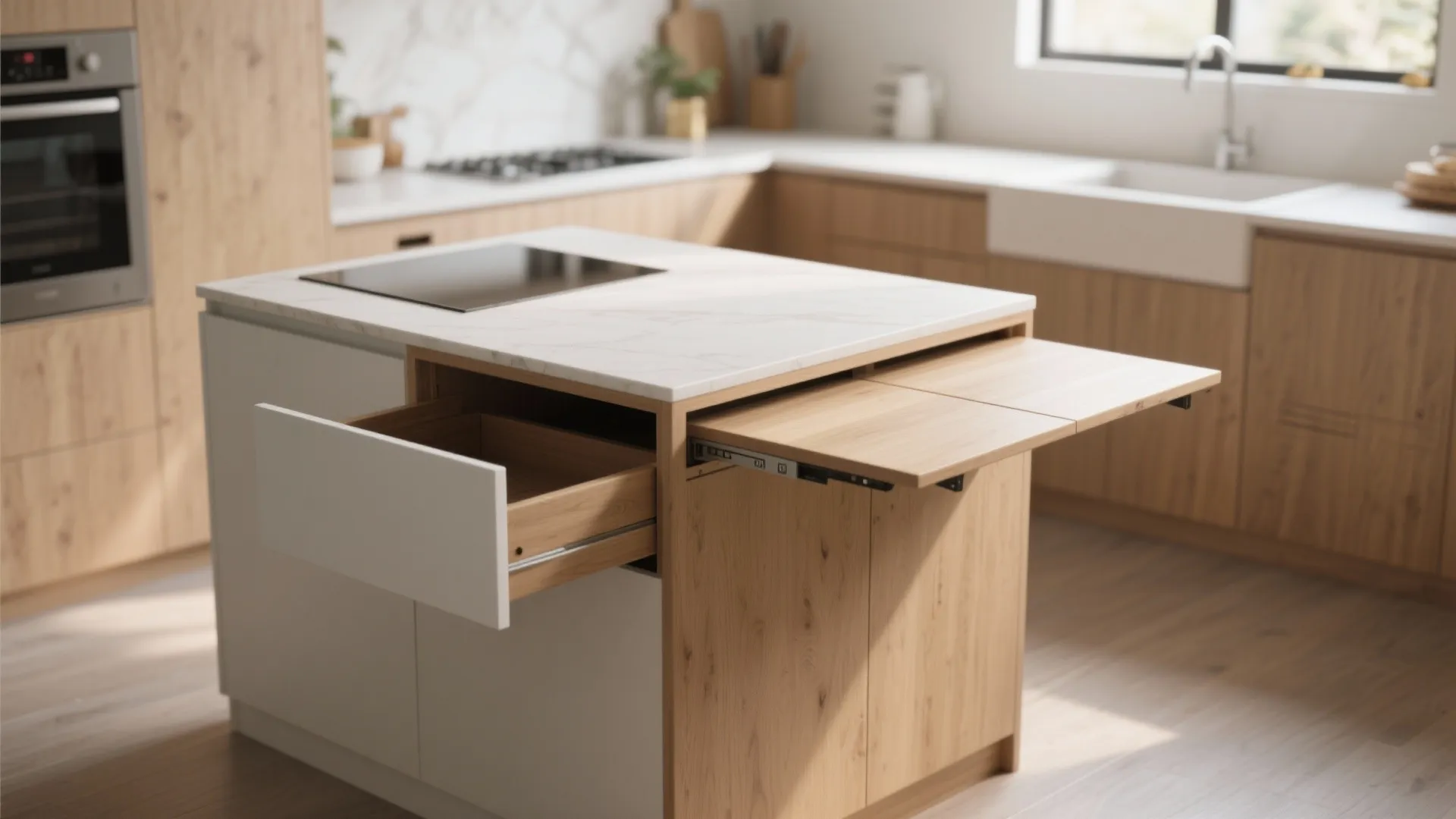 Modern wooden kitchen island with an open drawer and an extended pull out dining table