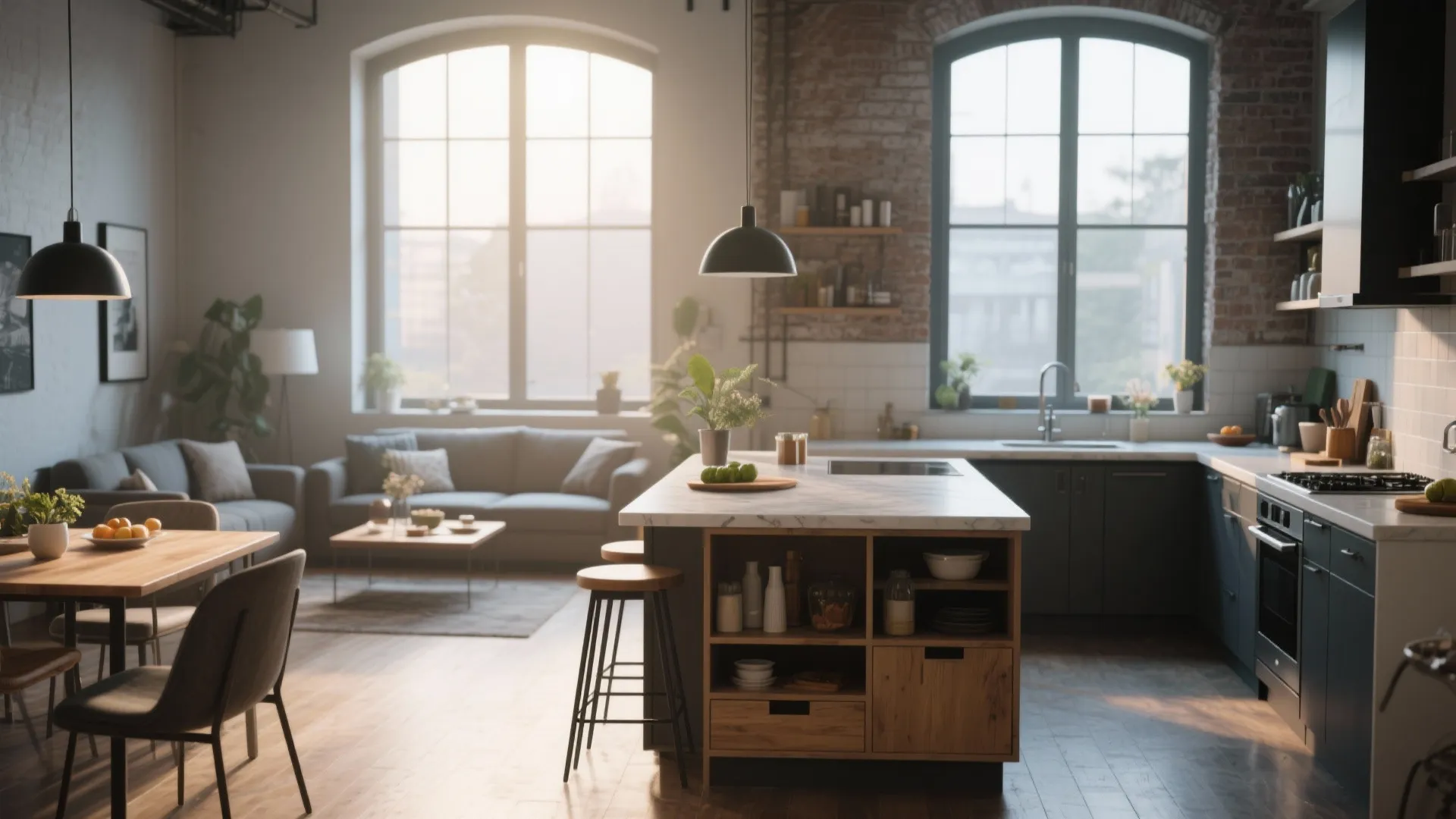 Modern open kitchen with marble island stools grey cabinets dining table and large industrial style windows