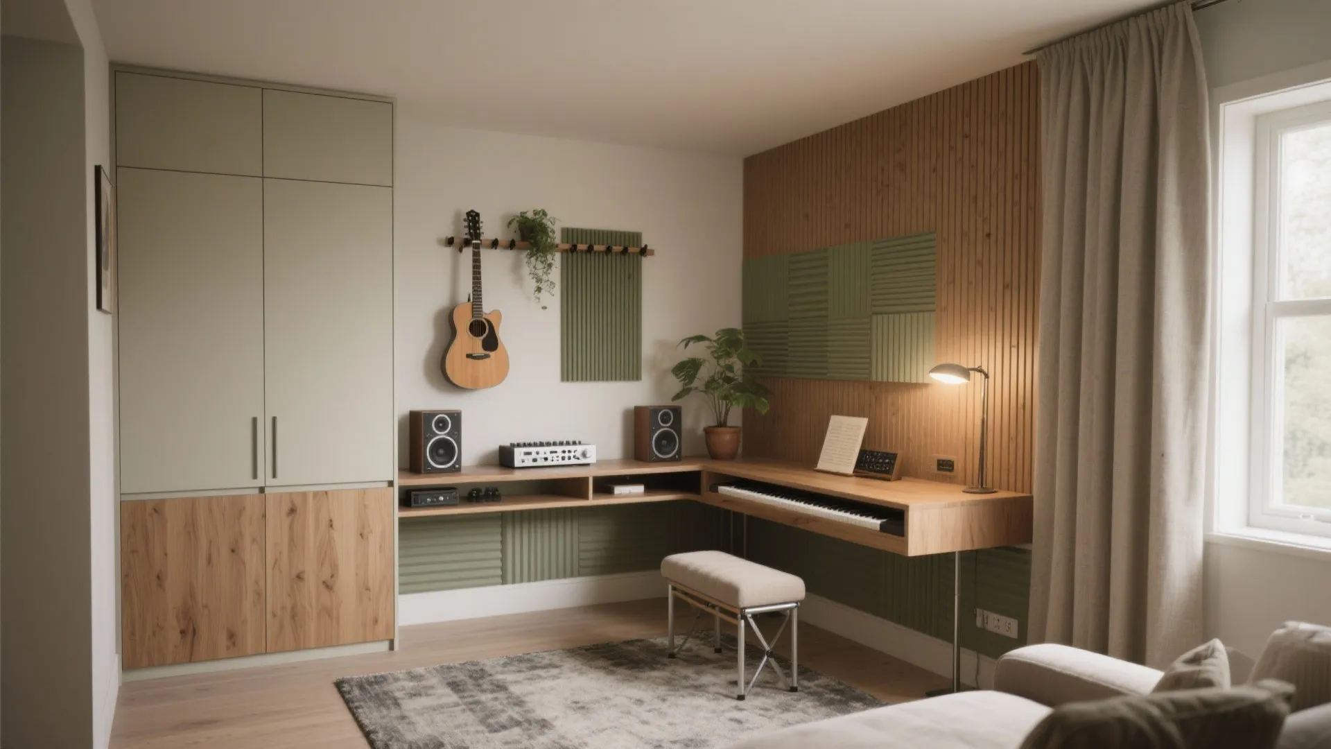 Modern home music studio with piano desk wooden wall panel guitar speakers and green acoustic foam