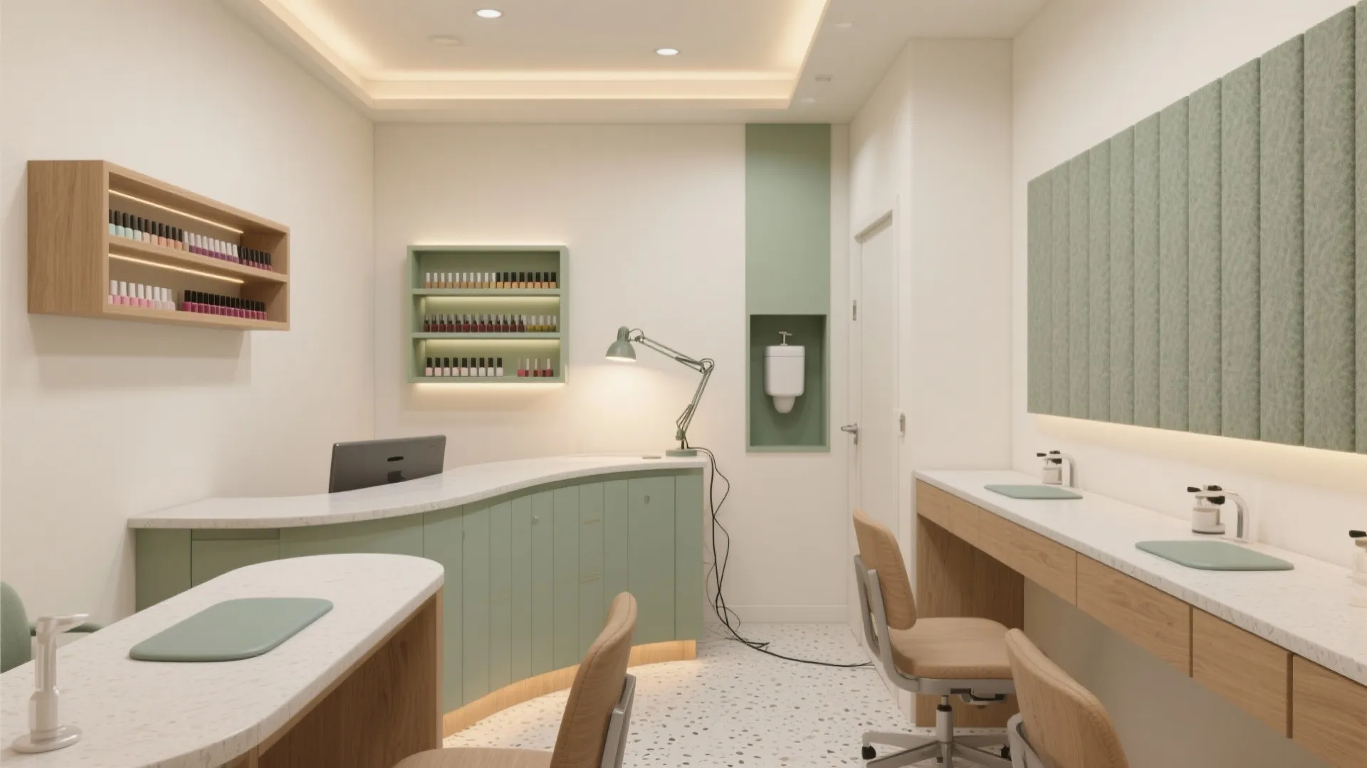 Modern nail salon interior with green cabinets wooden tables wall shelves and soft ceiling light