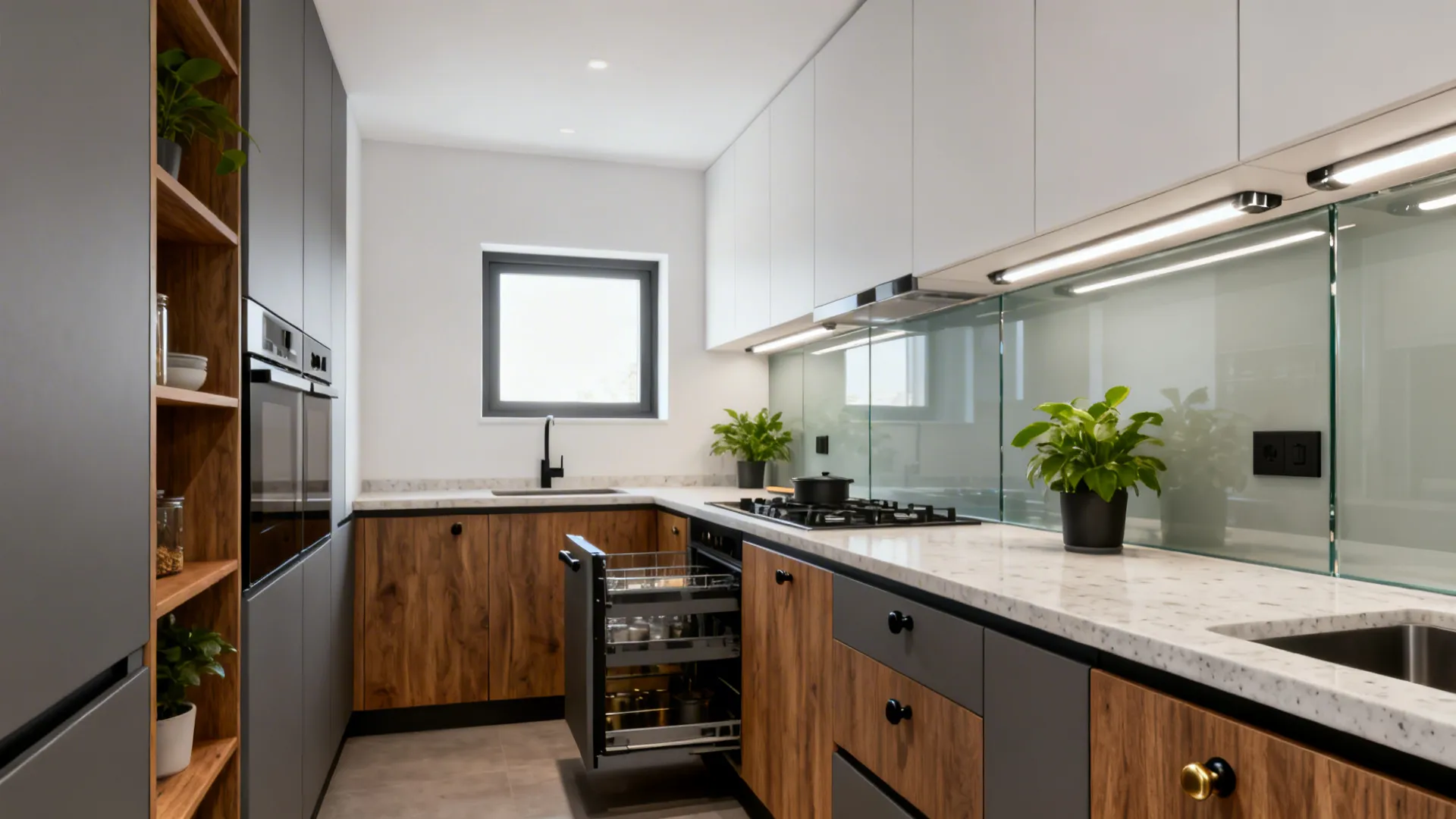 Modern kitchen with wood cabinets white upper cupboards marble countertop open dishwasher black sink plants