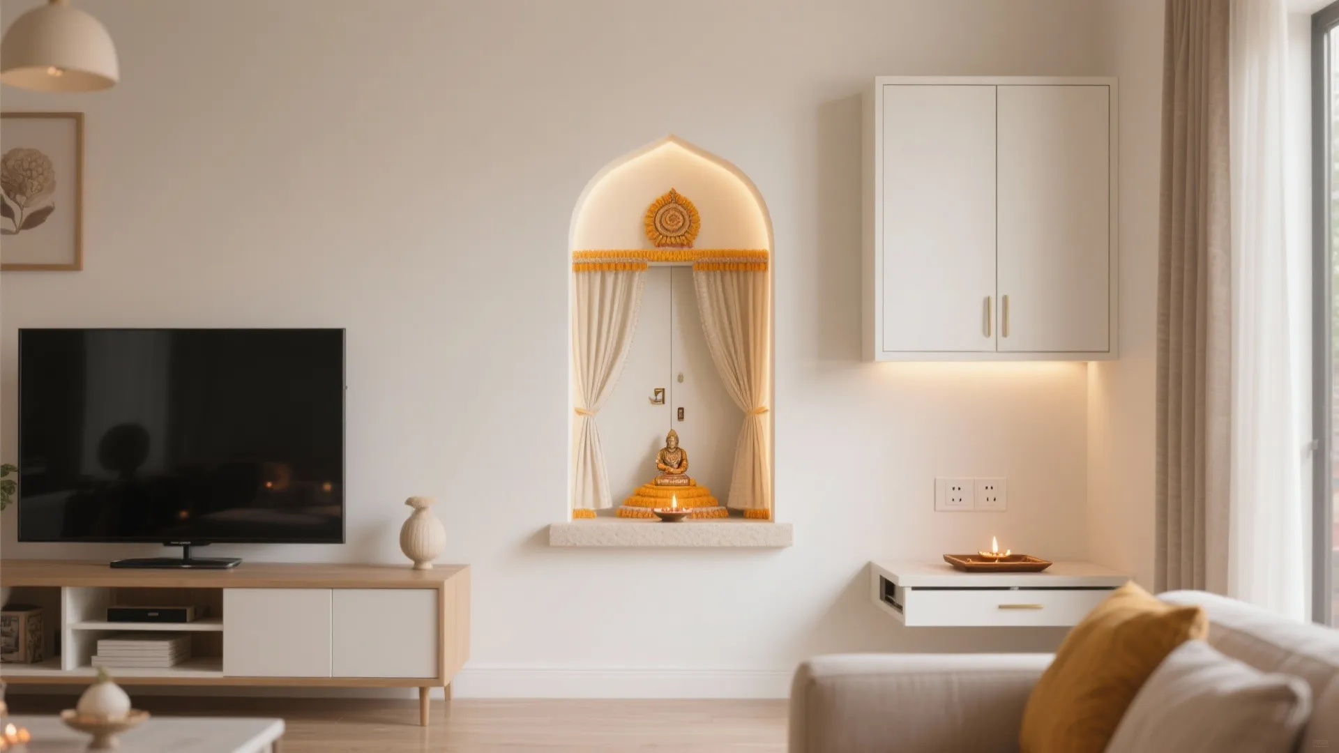 Shallow niche pooja mandir with soft backlight and raised plinth integrated in a living wall.