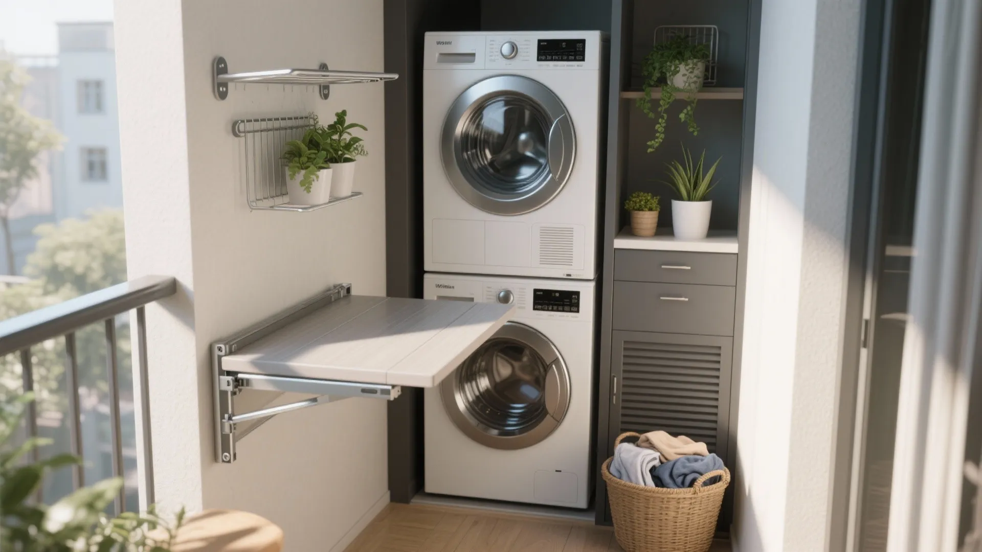 Modern laundry balcony with stacked washing machines a folding table laundry basket and green plants