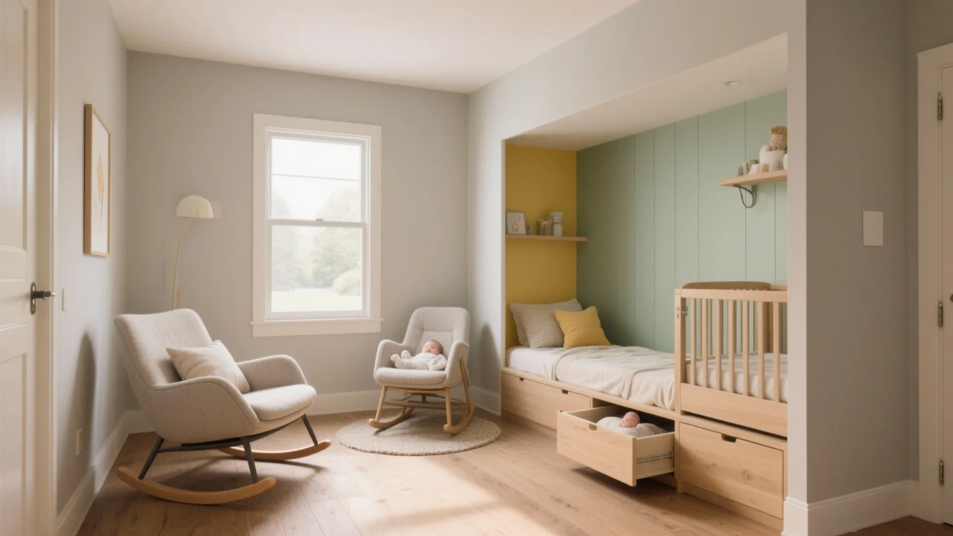 Nursery room featuring a large rocking chair and a baby crib with built-in wooden storage