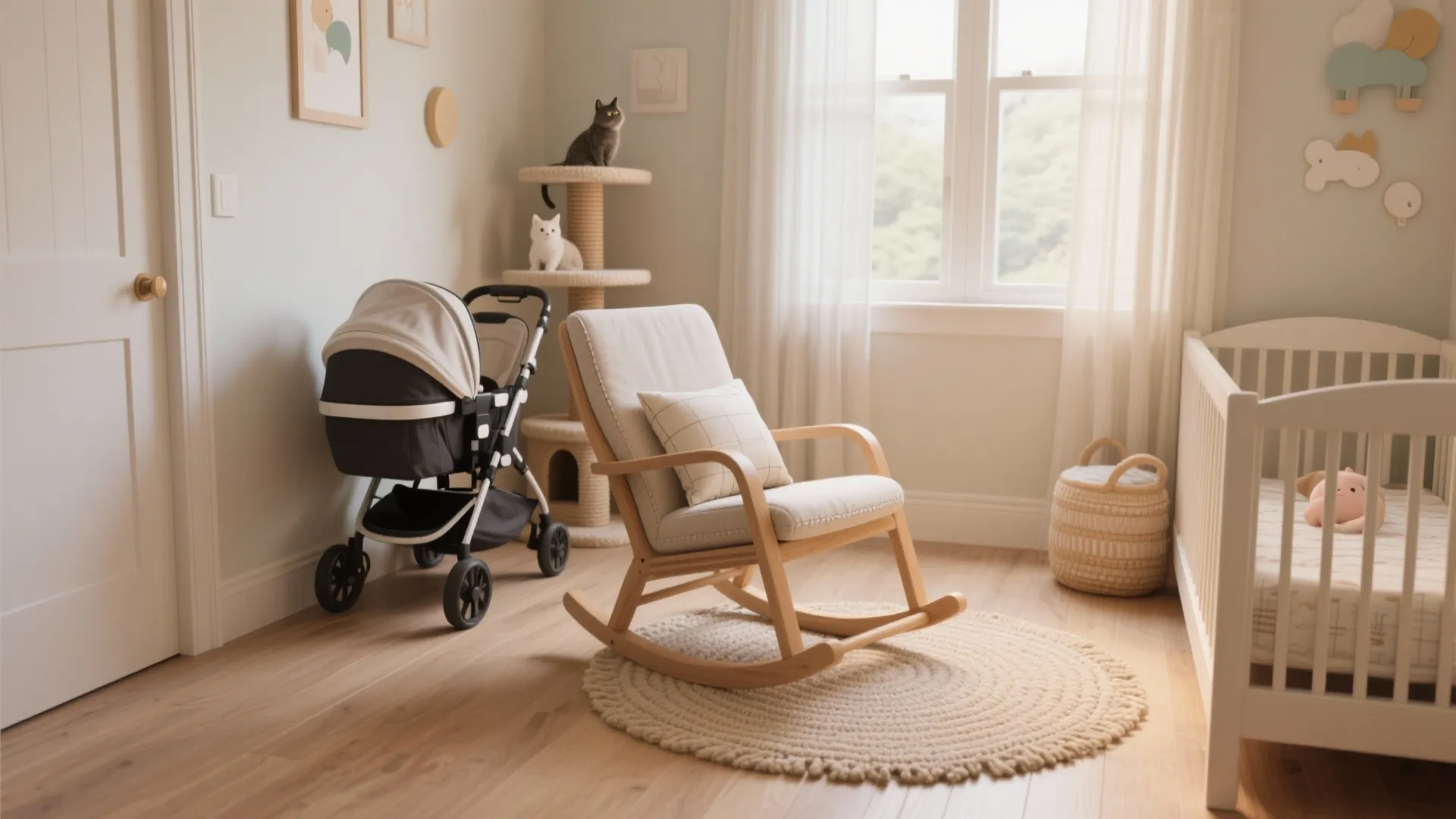 Cozy nursery room with wooden floor white crib rocking chair round rug and baby stroller