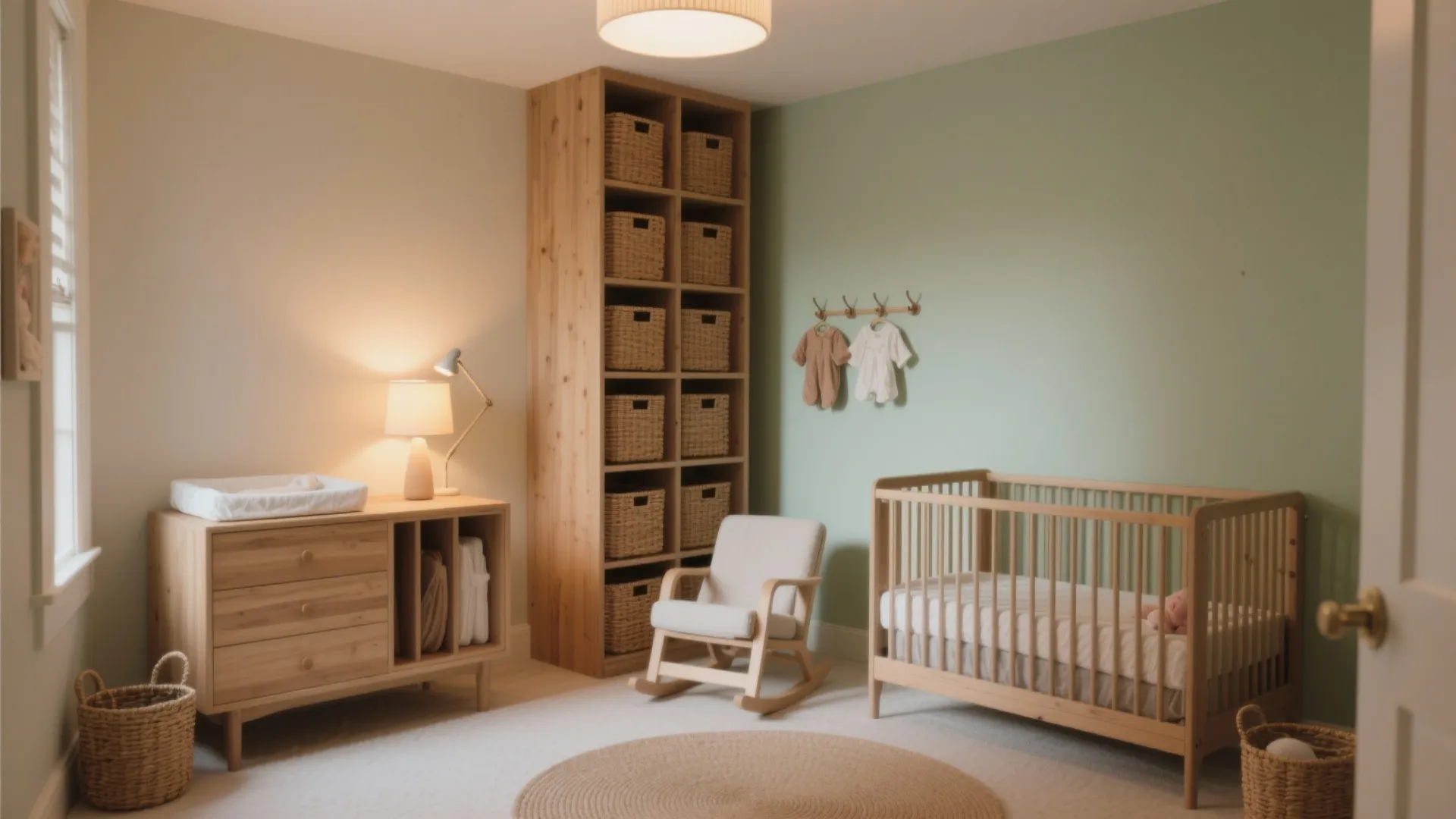 Modern nursery with green accent wall wooden crib rocking chair tall storage cabinet and warm lighting