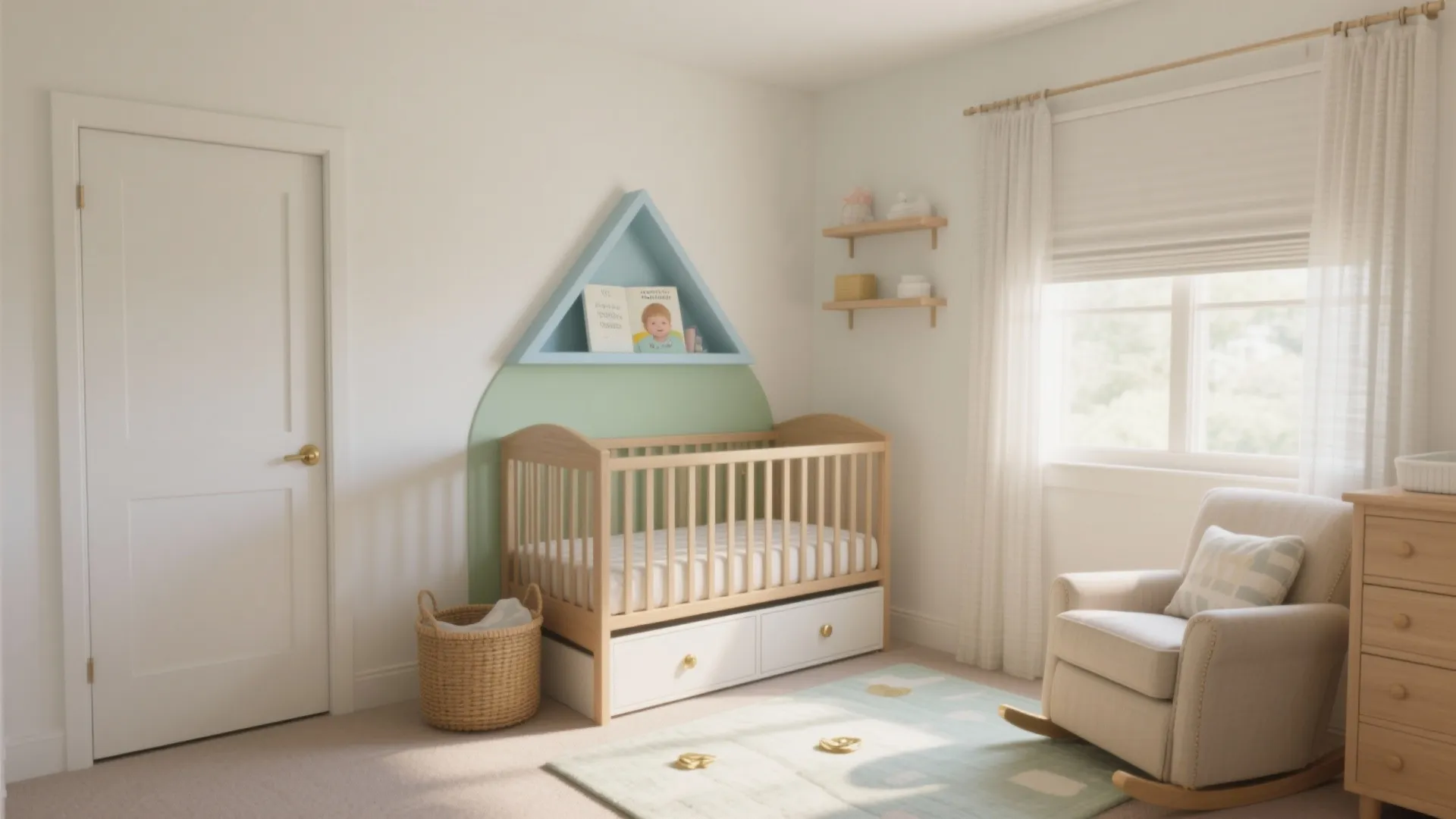 Modern nursery with wooden crib, triangle wall shelf, rocking chair, beige carpet, and natural light