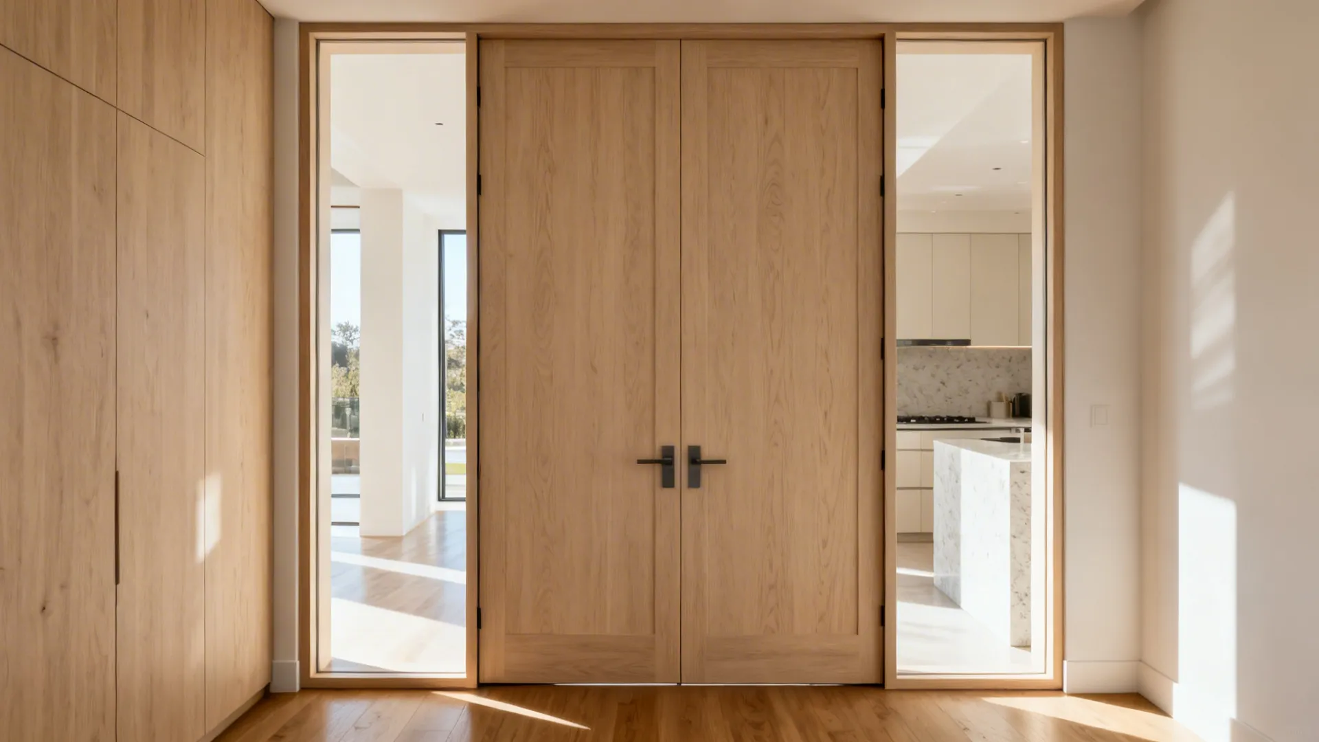 Light wood double doors with black handles and side windows opening to a bright kitchen