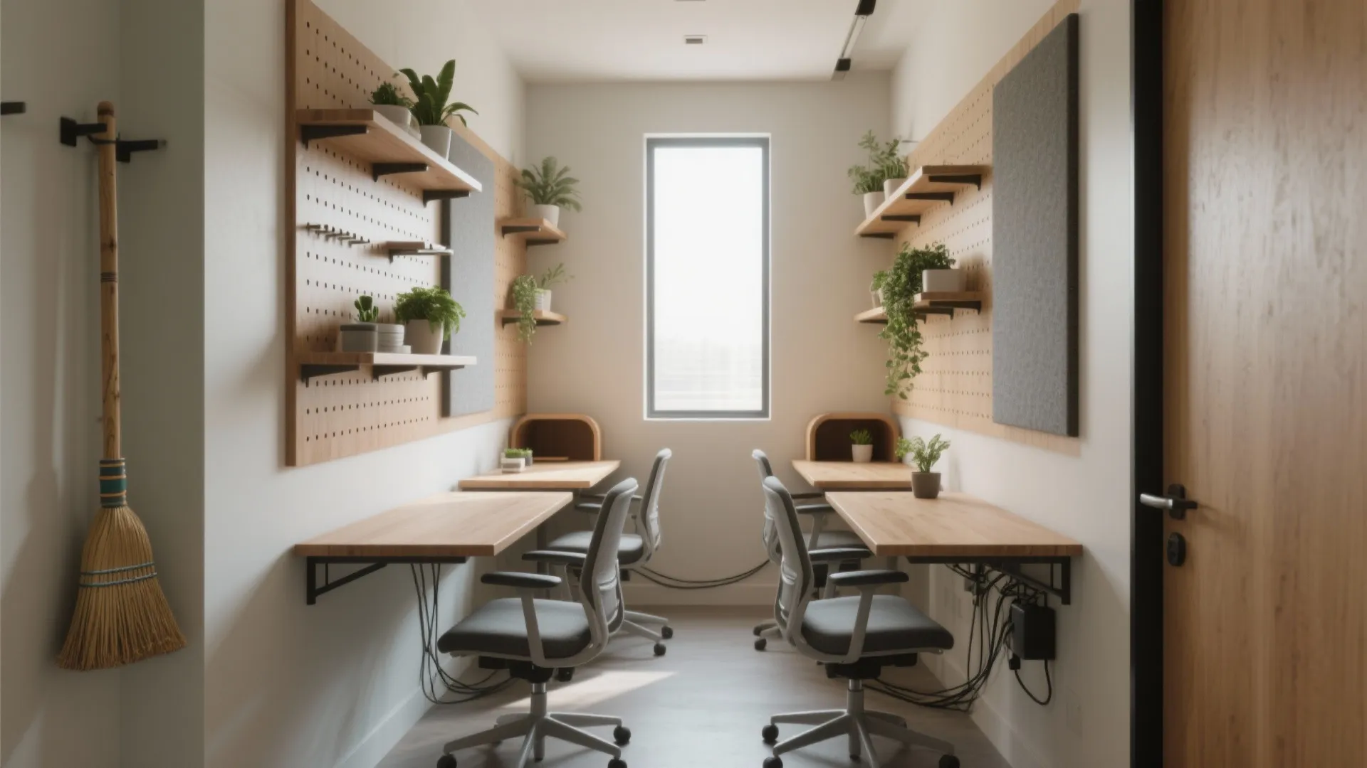 Symmetrical narrow office with wooden desks, grey chairs, pegboard wall organizers, potted plants, and window