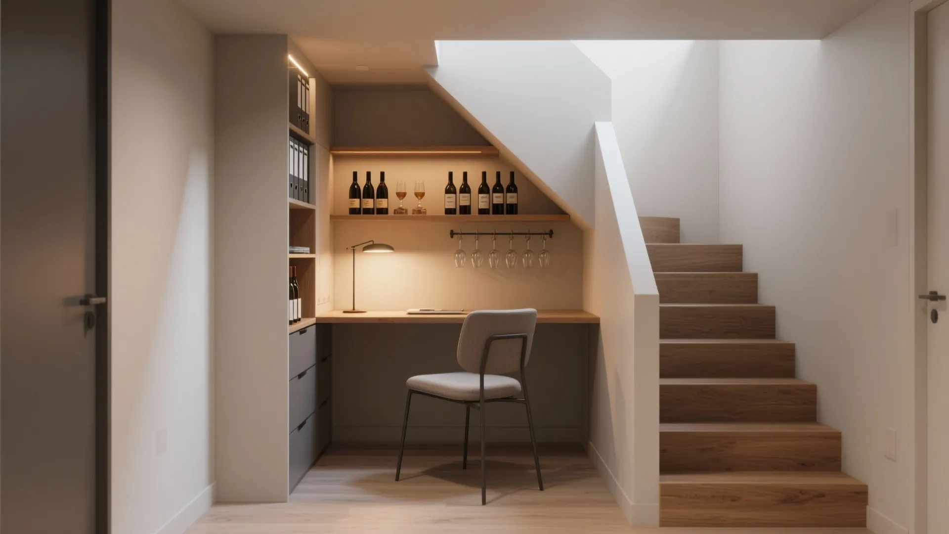Compact home office under stairs with wooden desk grey chair wine storage and one lamp
