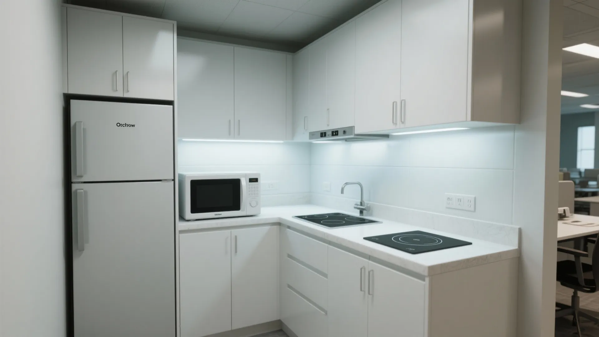 Minimalist white kitchen featuring a large fridge microwave oven sink and electric stove top area