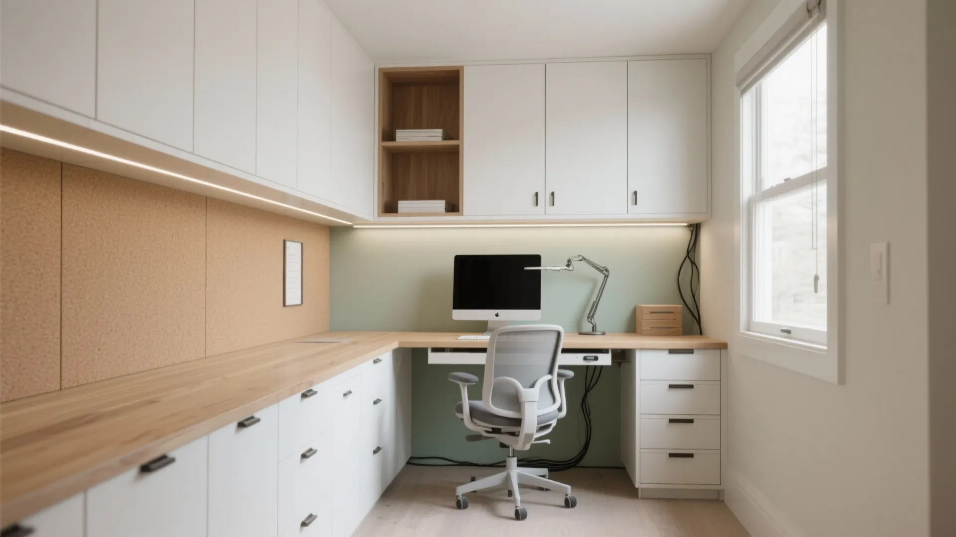Modern home office with white cabinets wooden desk grey chair computer and natural window light