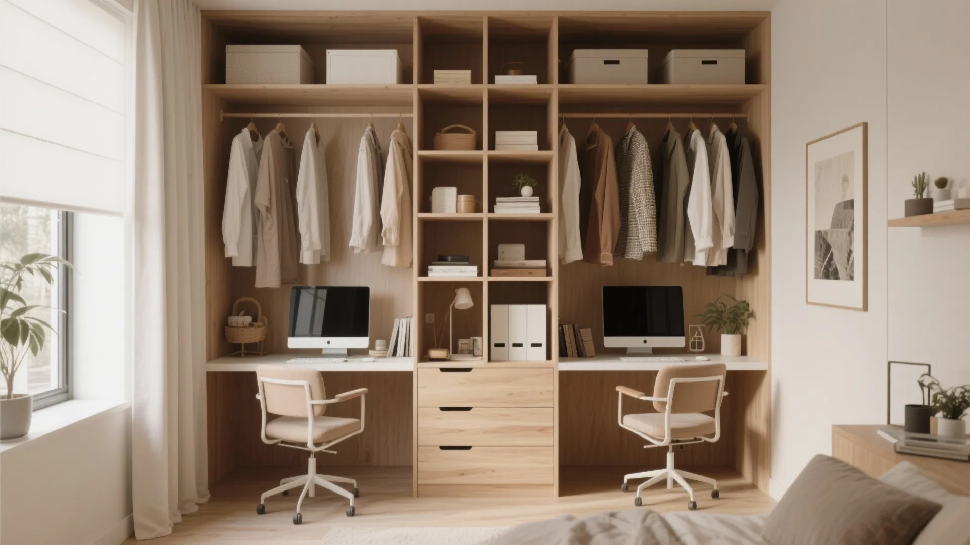 Modern home office with two desks built into a large wooden closet and storage unit
