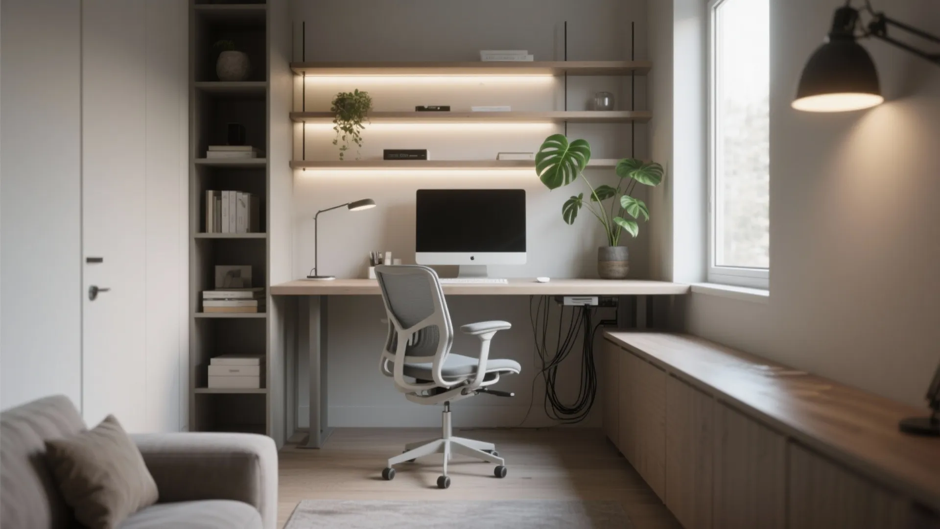 Modern home office with wooden desk grey ergonomic chair wall shelves and large window natural light