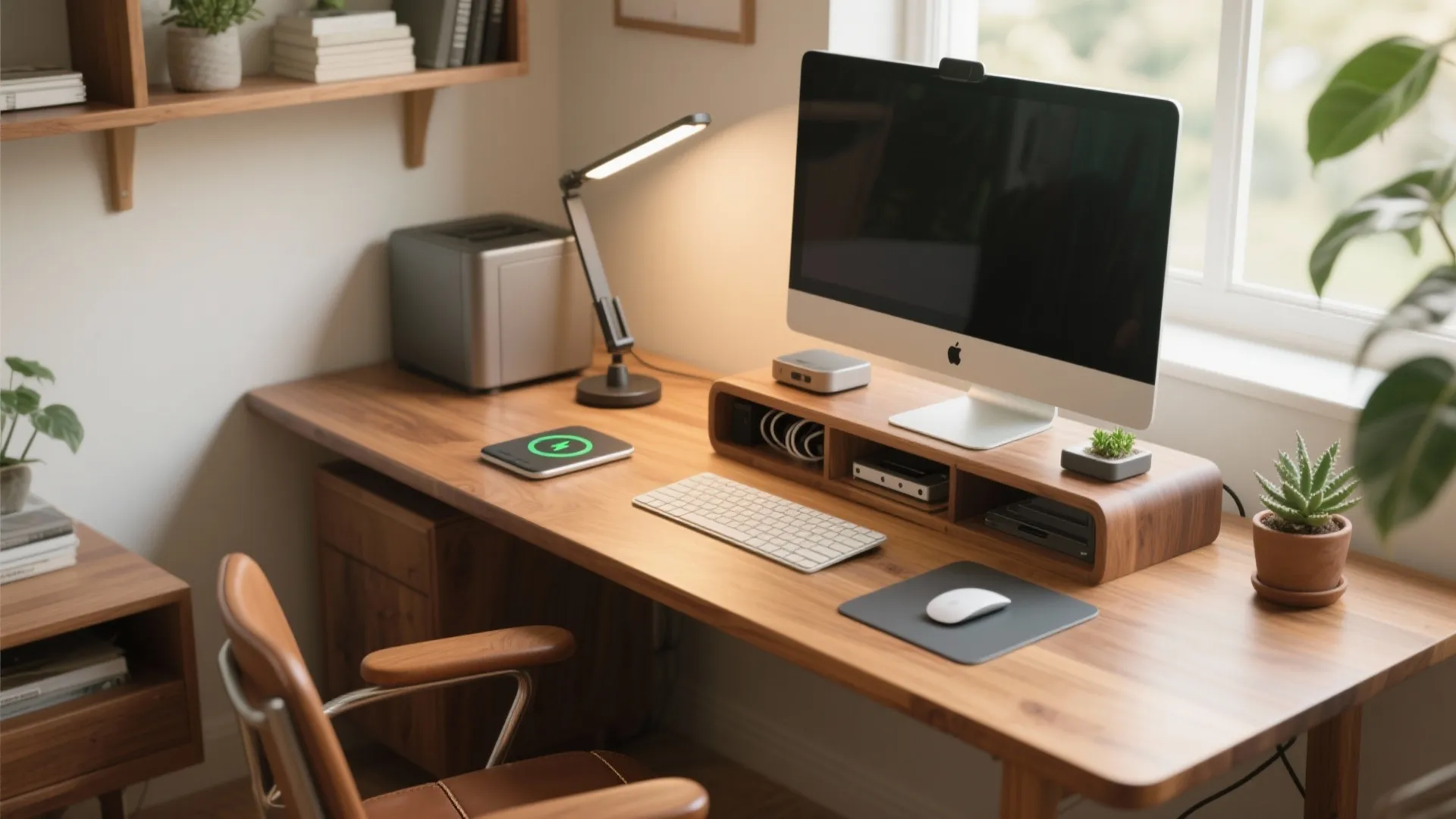 Wooden home office desk with computer monitor on stand plus desk lamp and small plant