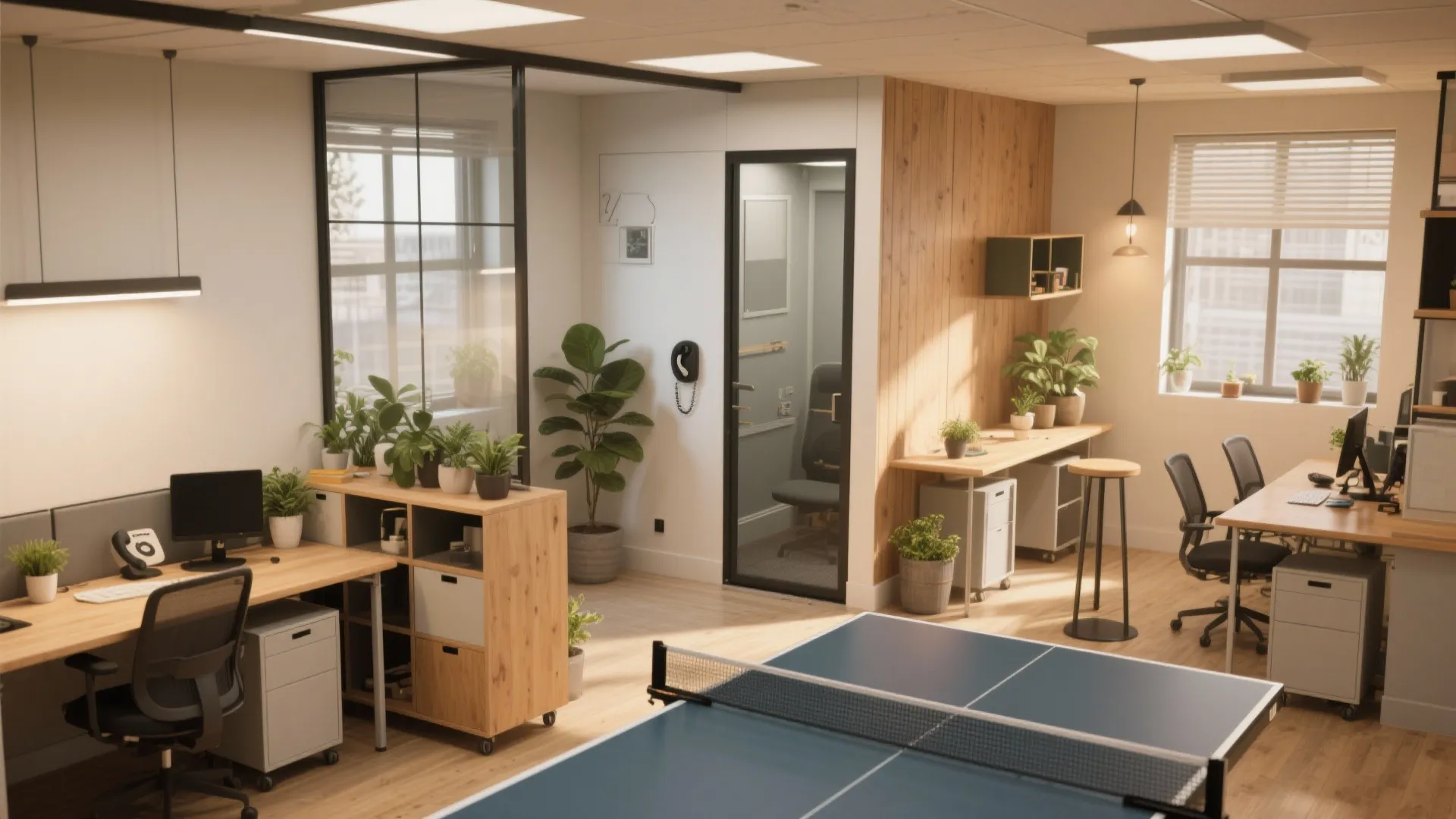 Modern open office interior with wooden desks green plants ping pong table and natural light