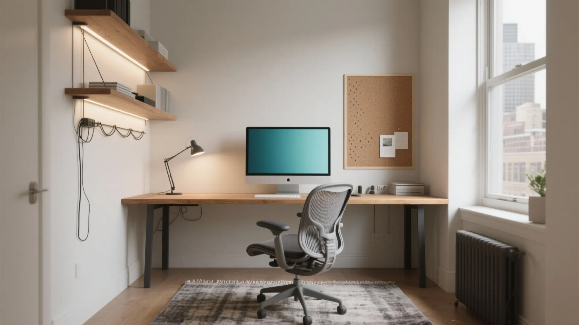 Modern home office with wooden desk, grey chair, computer, wall shelves, and large bright window