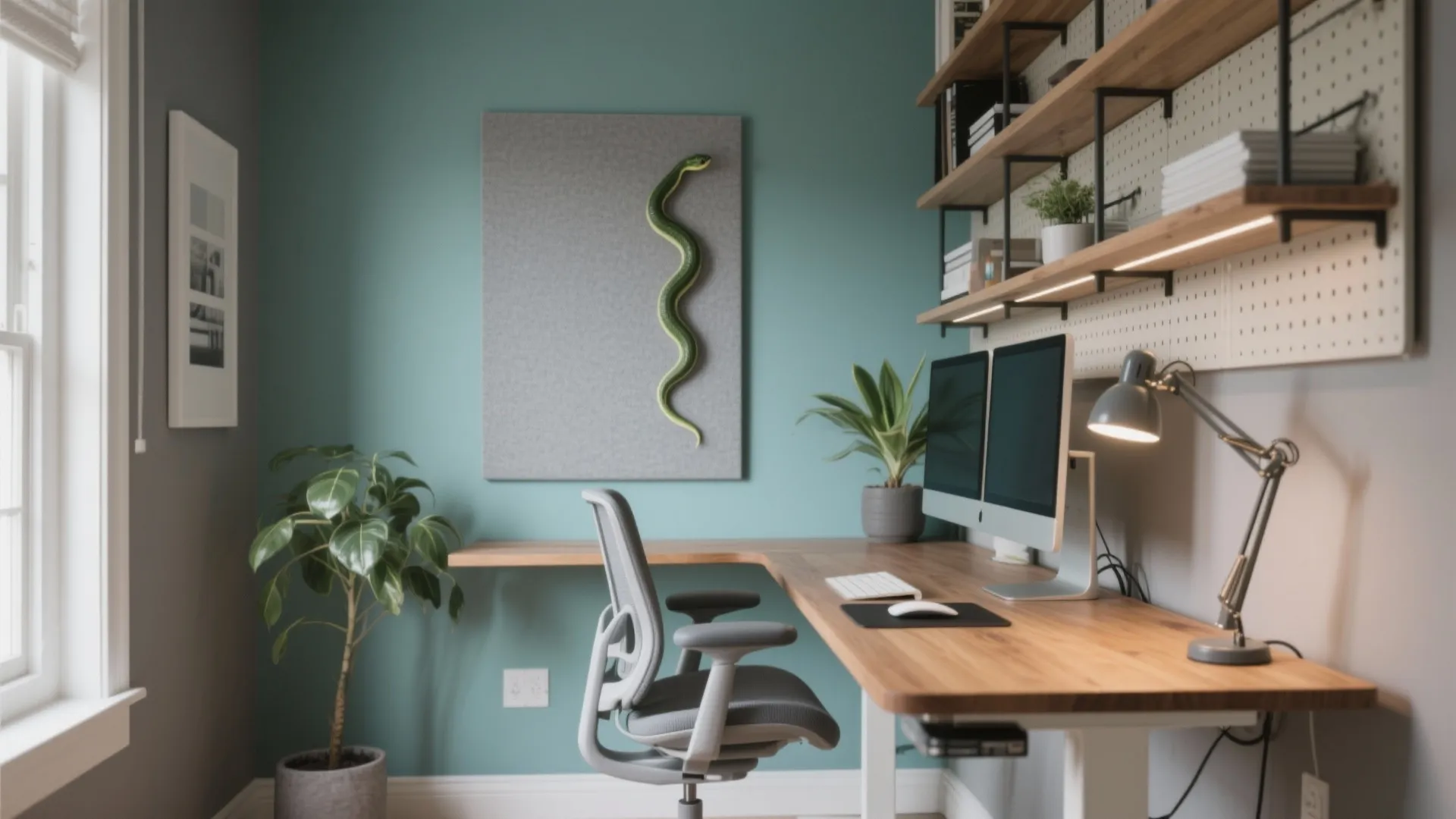 Modern home office with wooden corner desk, grey swivel chair, two computer monitors, and plants