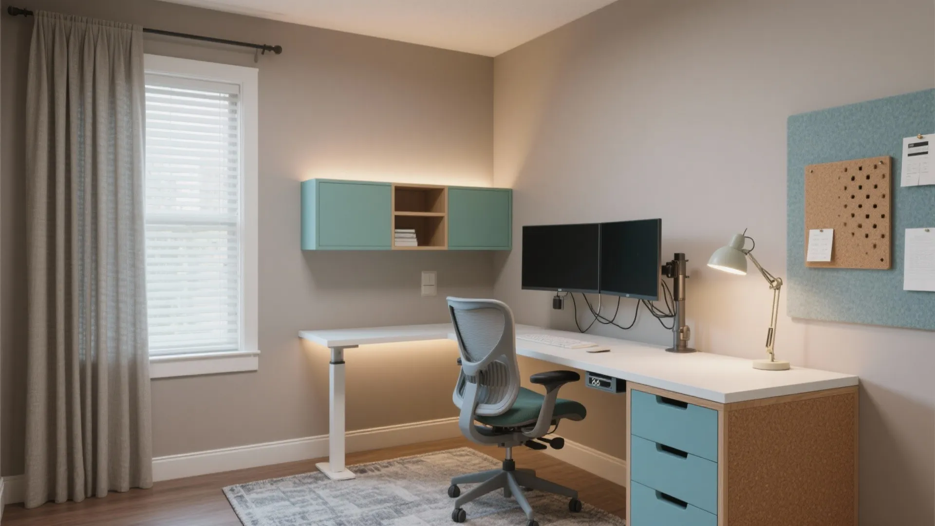 Modern home office with white corner desk two monitors ergonomic chair blue cabinet and desk lamp