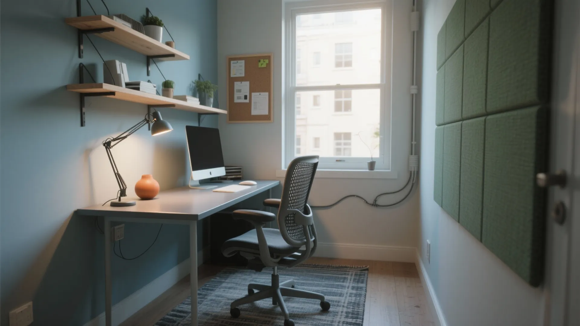 Modern home office with grey desk, black chair, wooden shelves, green wall panel, and window