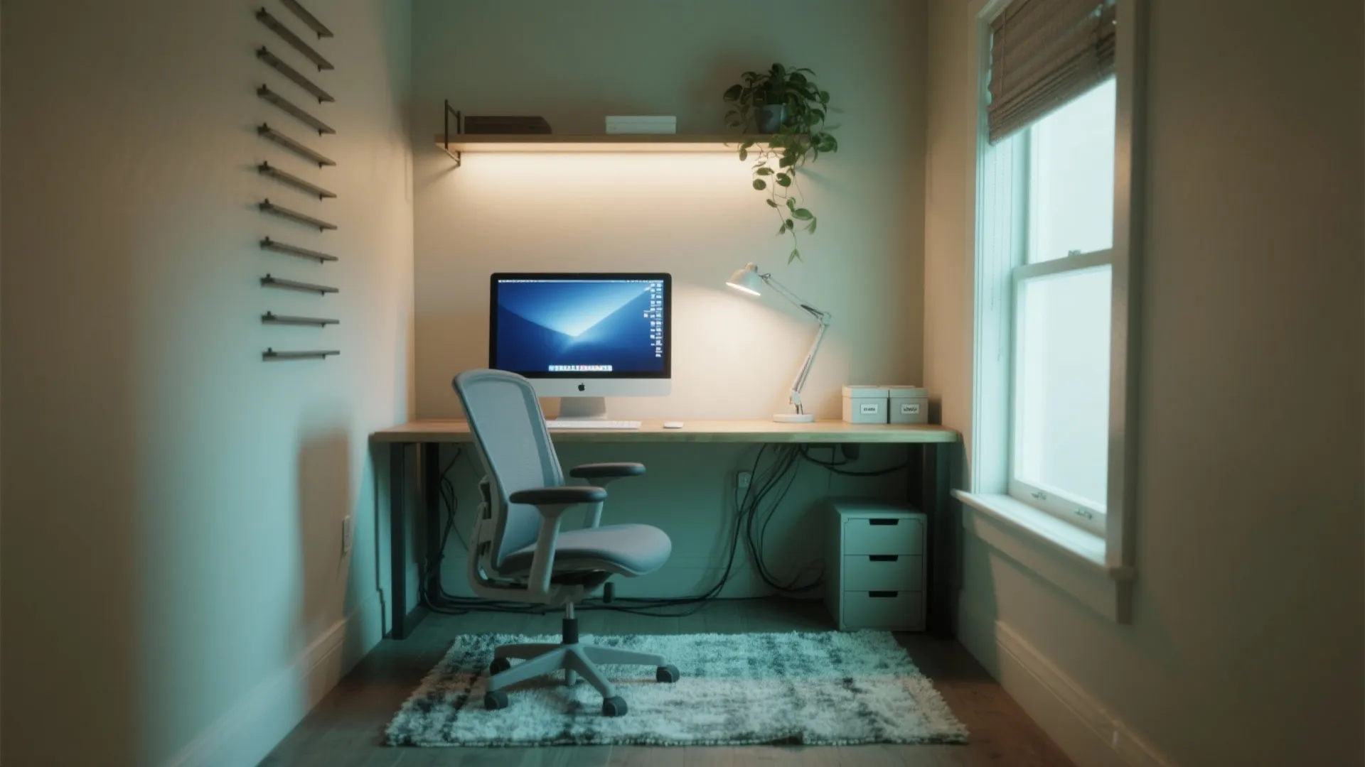 Small workspace area with wooden desk, computer, grey chair, wall shelf, lamp, rug, and window