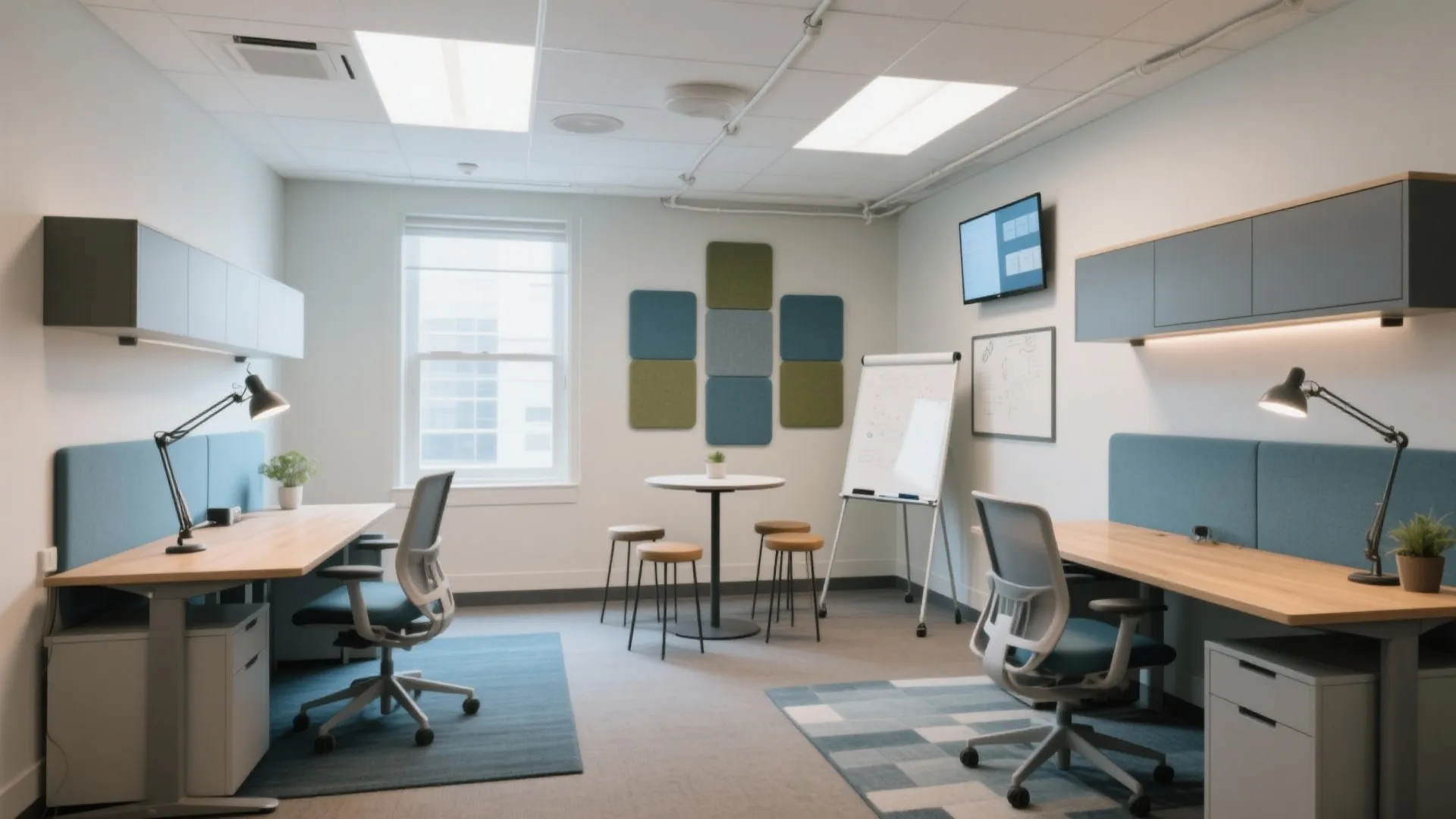 Modern office interior with wooden desks grey chairs whiteboard small meeting table and blue wall panels