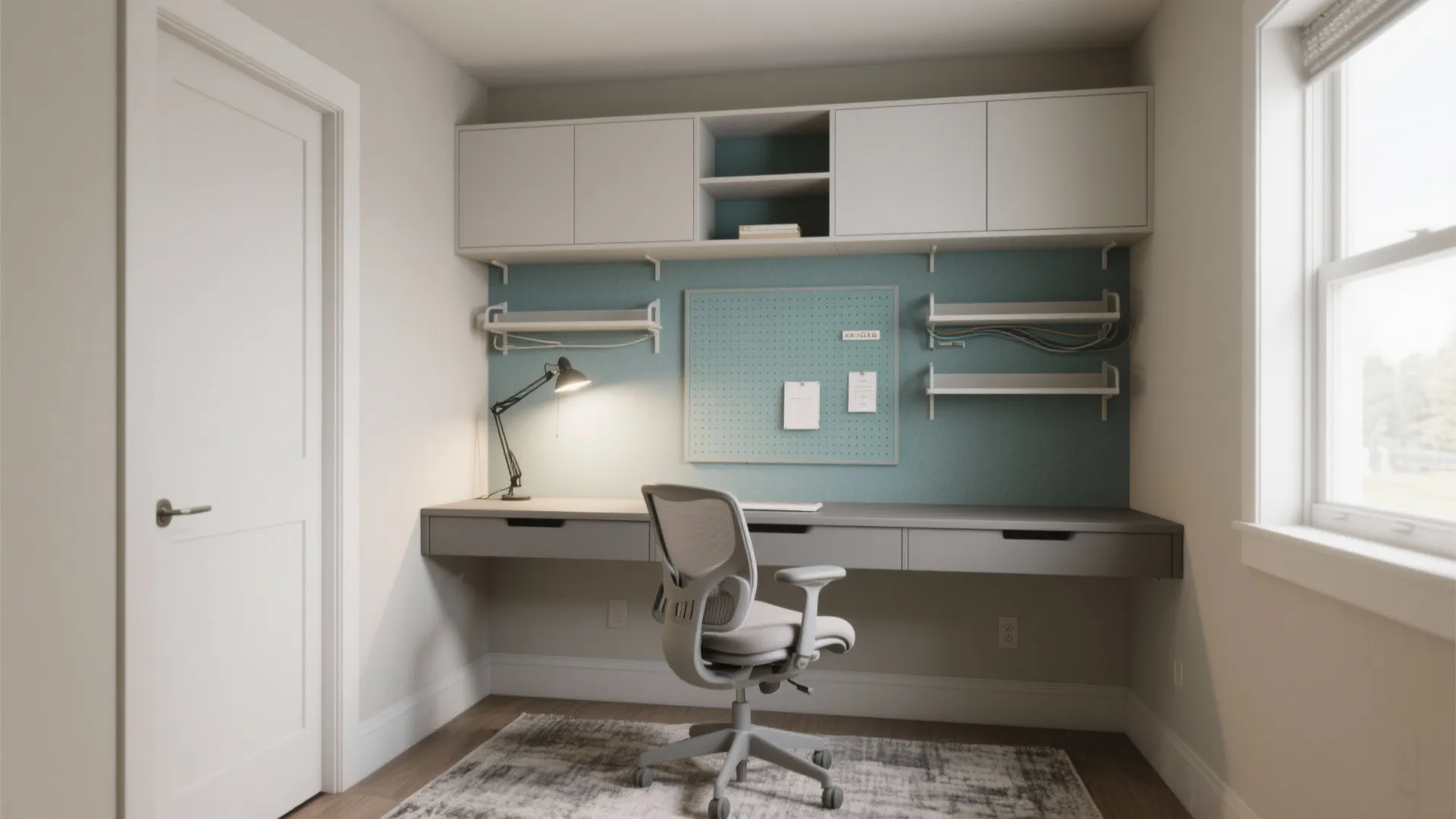 Modern home office with grey desk, ergonomic chair, wall cabinets, blue panel, and desk lamp