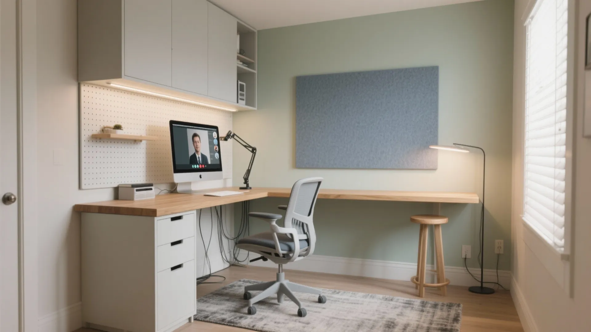 Modern home office with wooden corner desk, ergonomic chair, computer, green wall, and window blinds