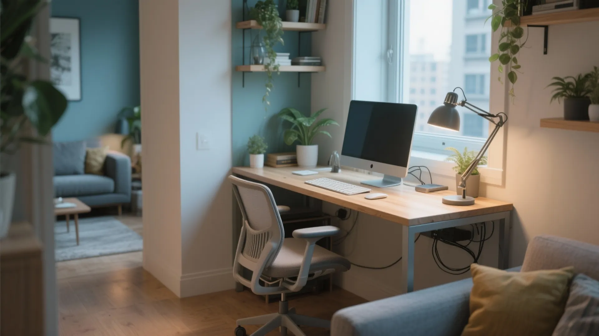 Modern home office layout with wooden desk grey chair computer lamp plants and green walls
