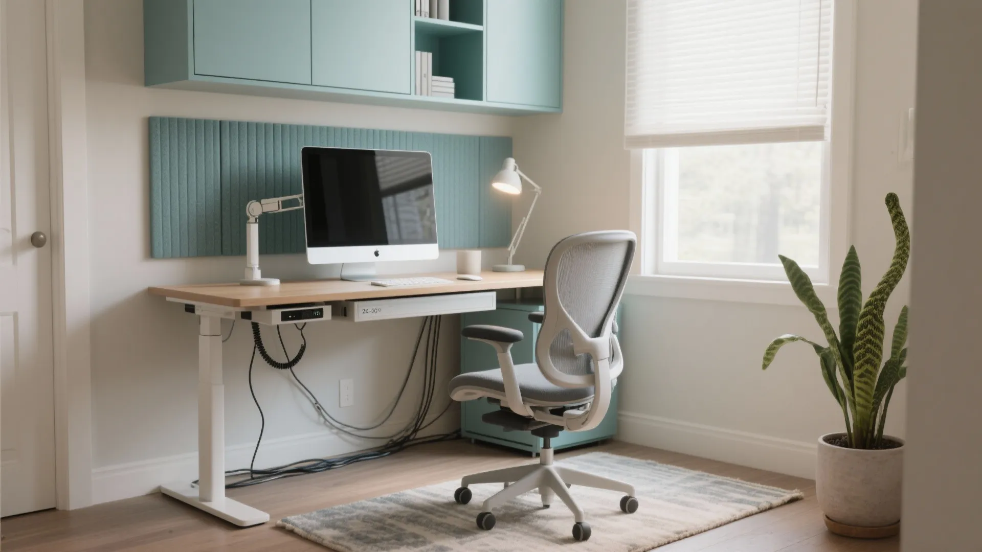 Modern home office with white adjustable desk grey ergonomic chair blue cabinets and green plant
