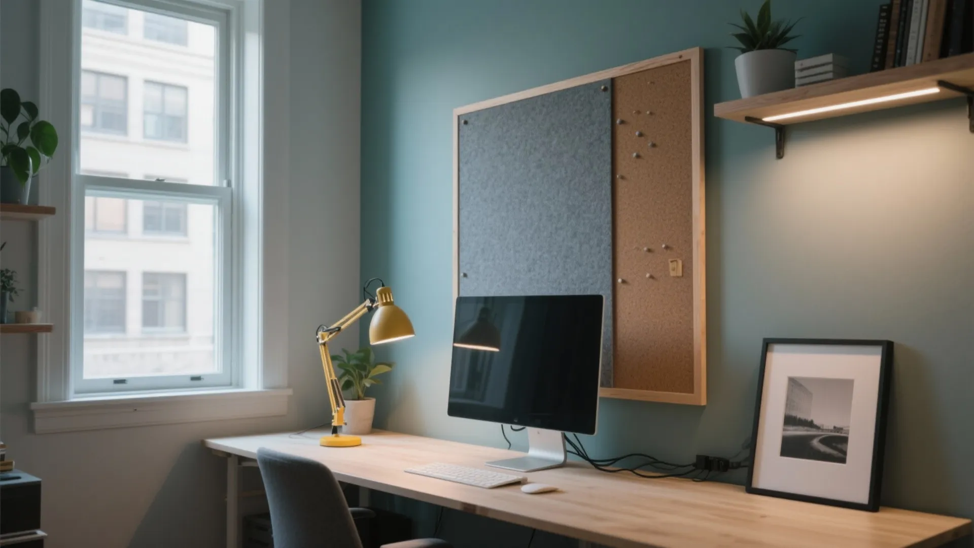 Modern home office with wooden desk computer yellow lamp blue wall cork board and window