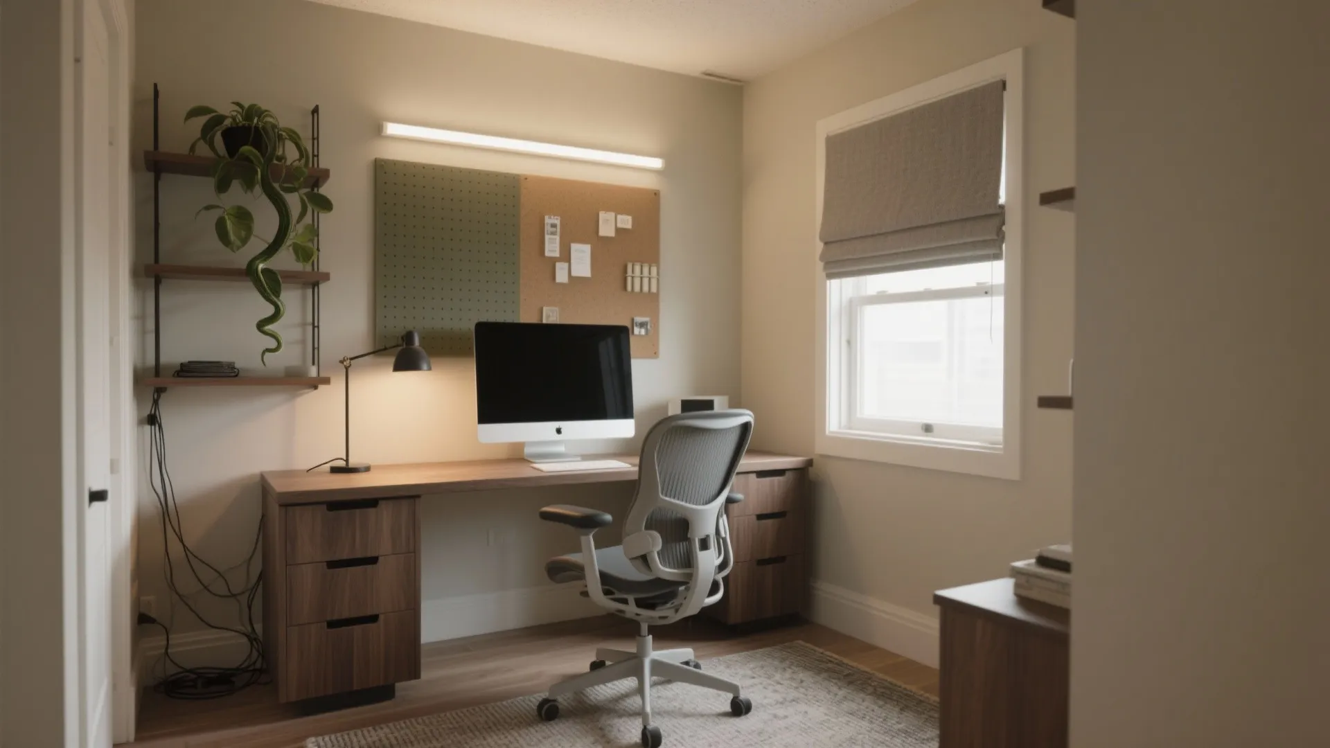 Modern home office with wooden desk computer grey chair wall shelves green plant and window
