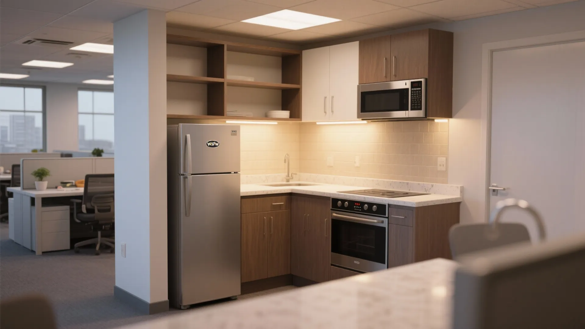 Small office with a tidy kitchen corner and open shelving