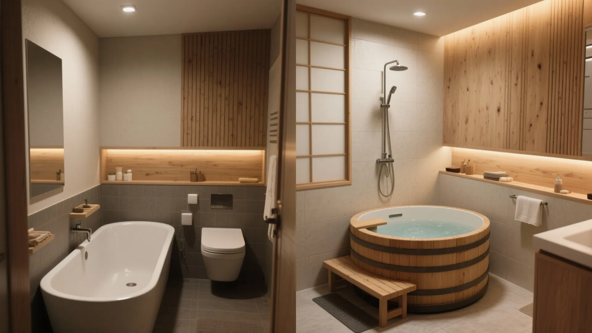 Comparison between a modern white bathtub and a round wooden soaking tub in warm room