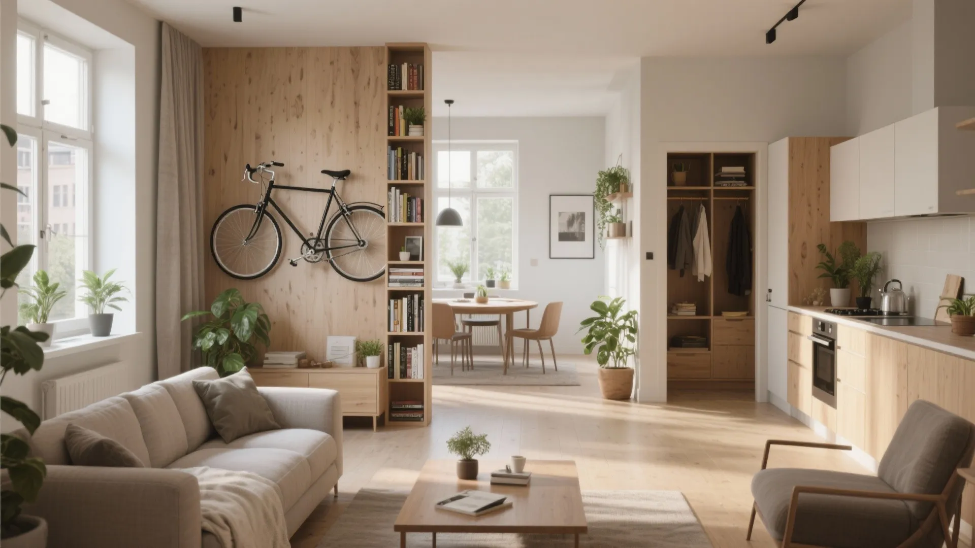 Modern open living room with a bike on wall bookshelf kitchen cabinets and dining table