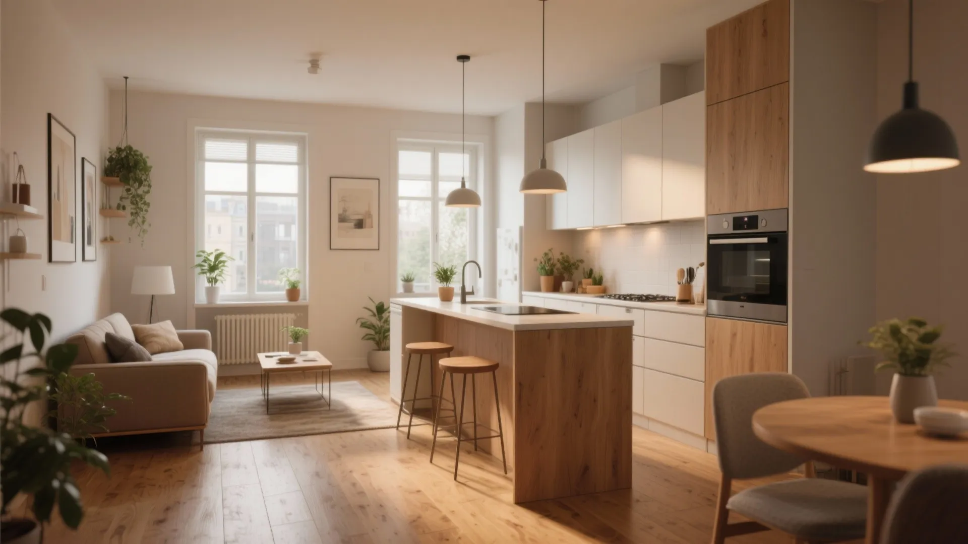 Open plan living room and kitchen interior with wooden floor white cabinets sofa and natural sunlight