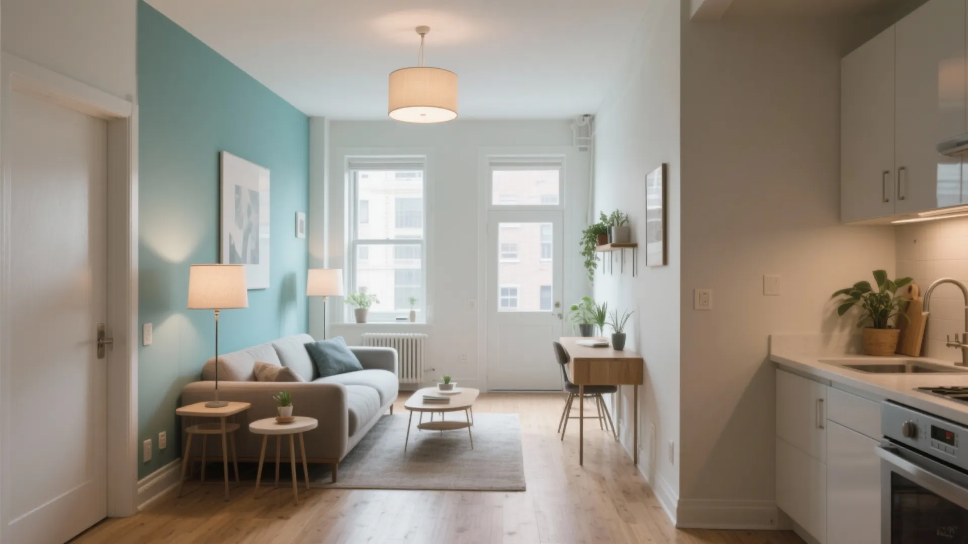 Modern apartment interior with teal wall, grey sofa, wooden floor, ceiling light, and white kitchen