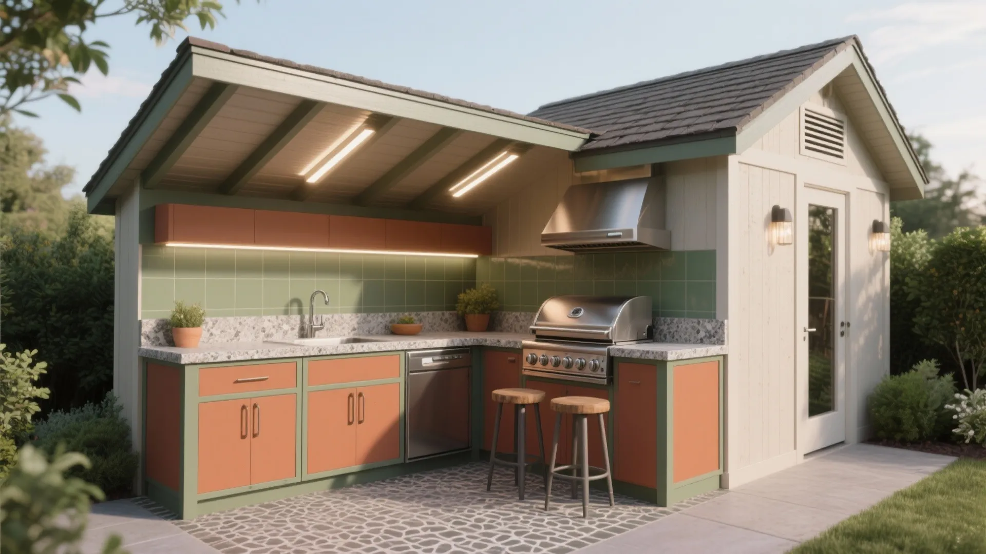 Modern outdoor kitchen with orange cabinets green tiles grill two wooden stools and garden plants