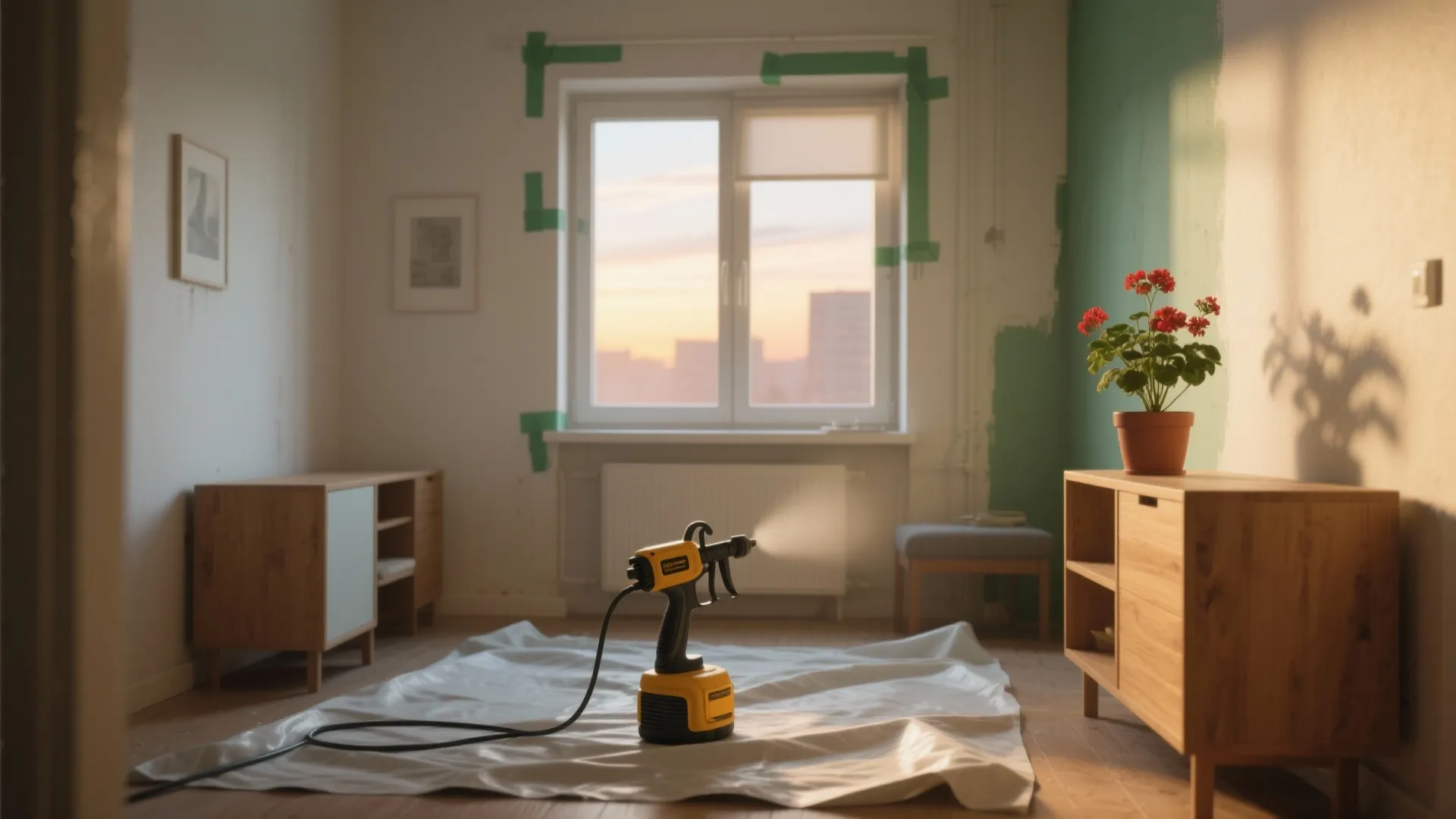Small yellow paint spray gun sitting on floor covering in a room with green walls