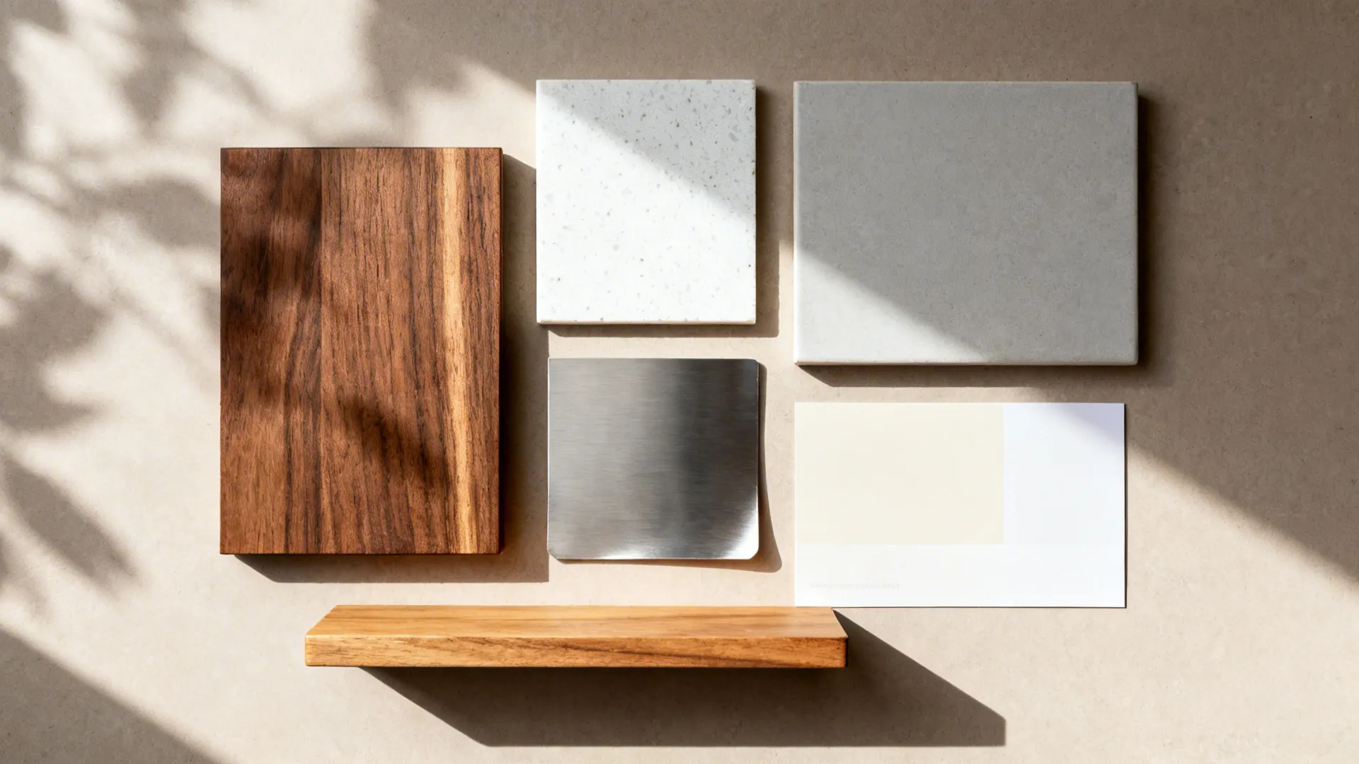 Flat lay with walnut block, white quartz, brushed steel, and pale gray tile samples.